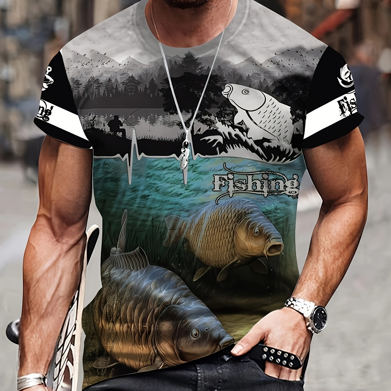 Summer Outdoor Fishing 3D Printing T-Shirt Men's Stand-Up Collar