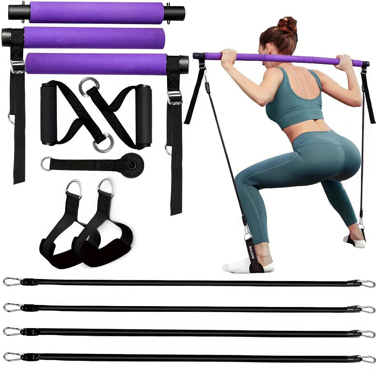 Pilates Bar Kit with Resistance Bands (2 Standard & 2 Strong) Protable Home Gym  Workout Equipment