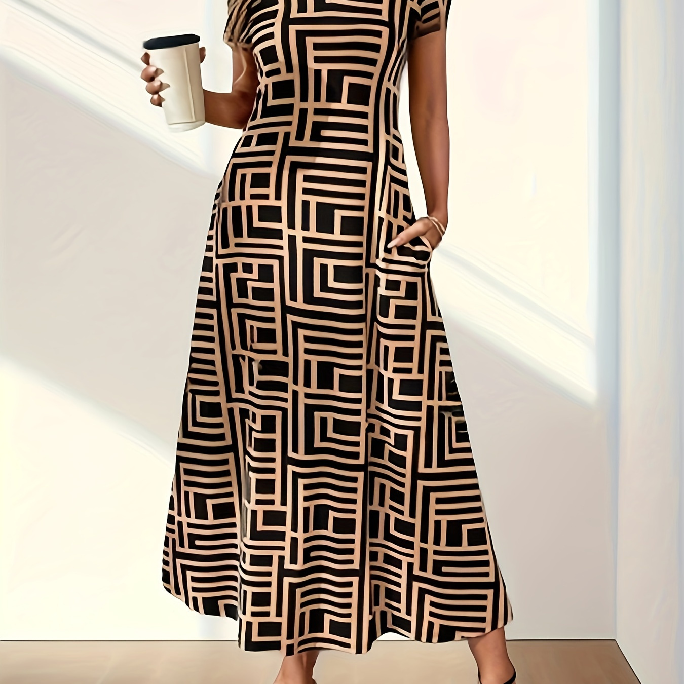 

Chic Geometric Print V-neck Midi Dress - Short Sleeve, Polyester & Spandex , Vacation - Machine Washable, Women', Fashion| Fabric|elegant Appearance