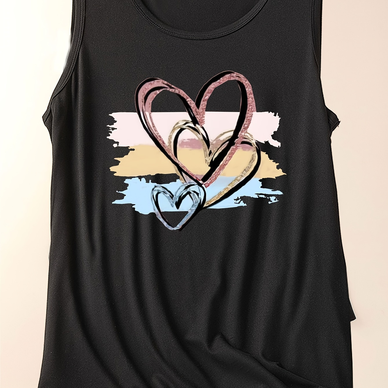 

Plus Size Casual Tank Top, Women's Plus Colorblock Heart Print Round Neck Tank Top