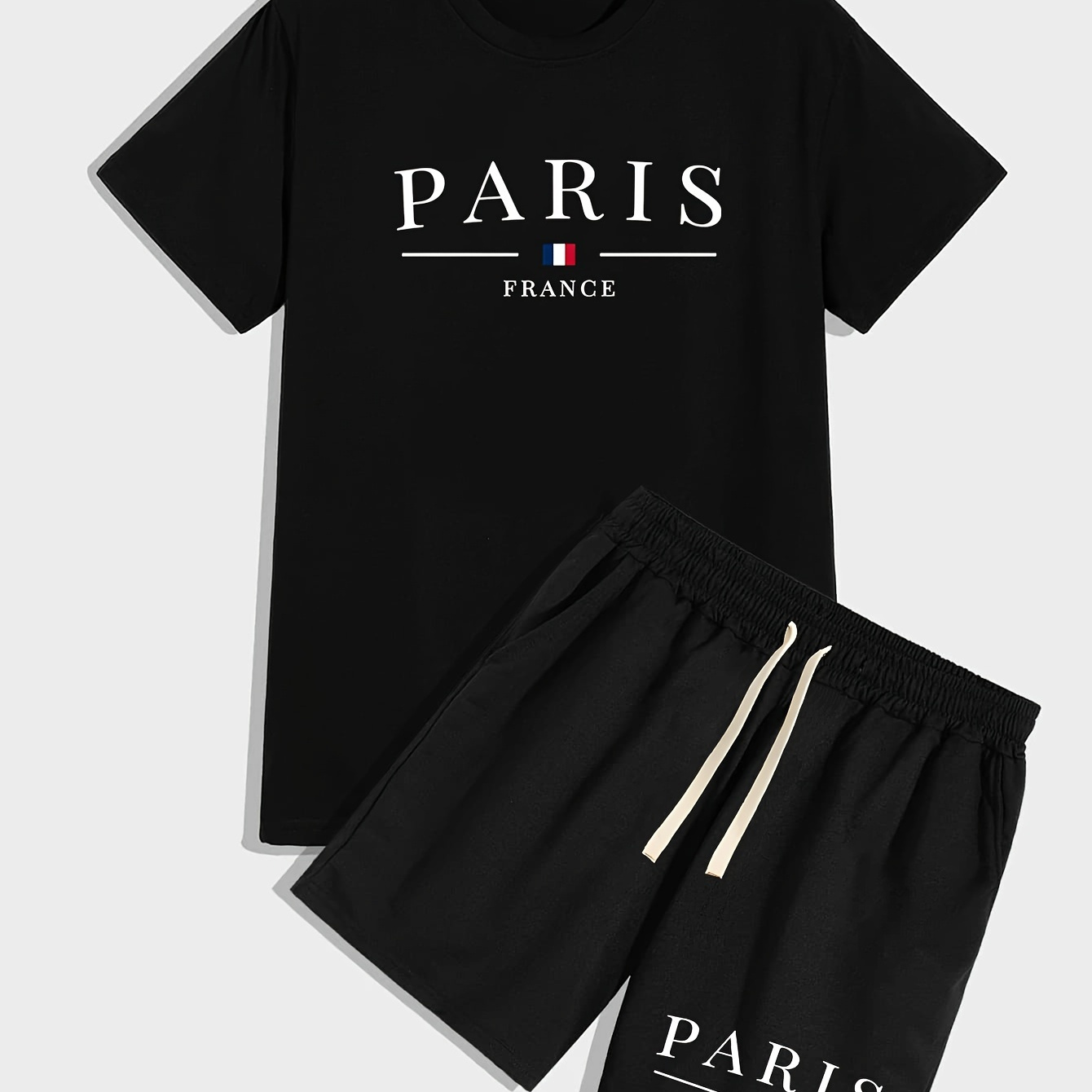 

Paris Letter Print Men's 2 Pieces Outfits, Crew Neck Short Sleeve T-shirt & Drawstring Shorts, Casual Comfy Versatile Set For Summer, Outdoor Sports