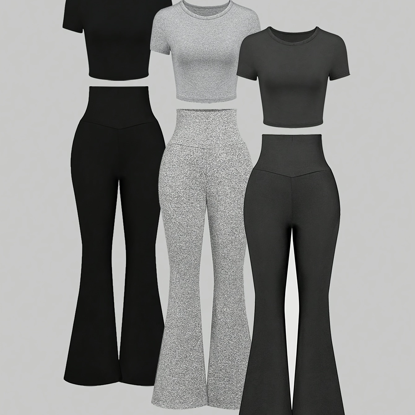 

Solid Color Two-piece Set 3 Packs, Short Sleeve Crop Top & Flare Leg Pants For , Women's Clothing