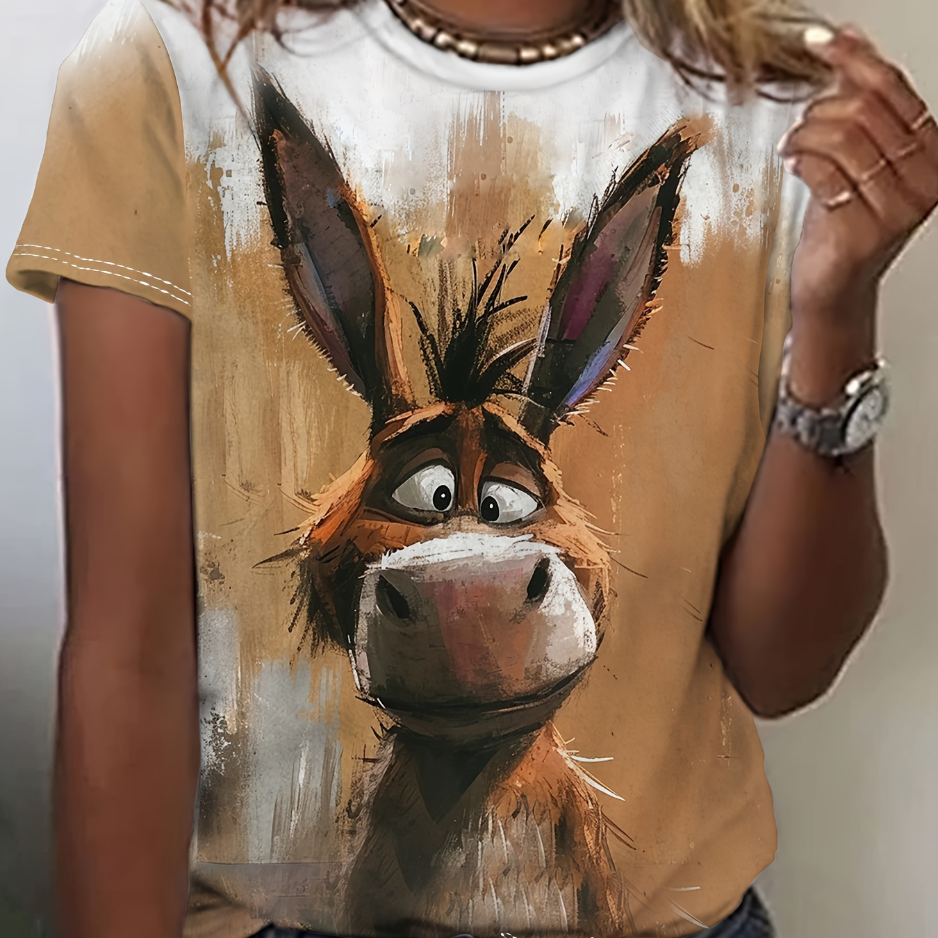 

Funny Donkey Print Crew Neck T-shirt, Casual Short Sleeve T-shirt For Spring & Summer, Women's Clothing