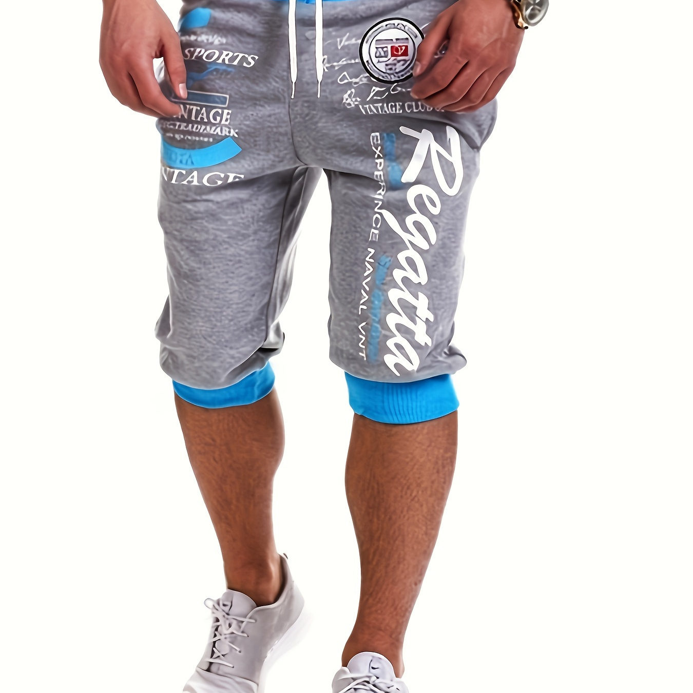 

Label Pattern And Letter Print Men's Capri Pants With Drawstring And Pockets, Casual And Stylish Comfy Shorts For Summer Sports And Street Wear