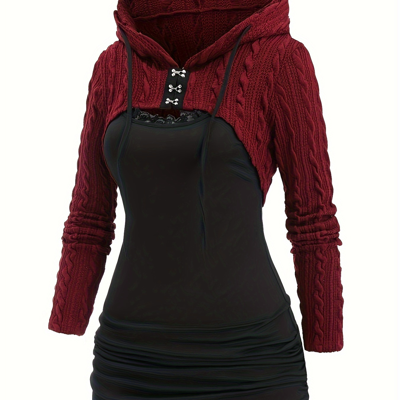 

Elegant Hooded Sweater Co-ords Set With Knit Lace-up Vest And Drawstring Pullover - 100% Polyester Knitted Fabric, Design With Ruched Detail