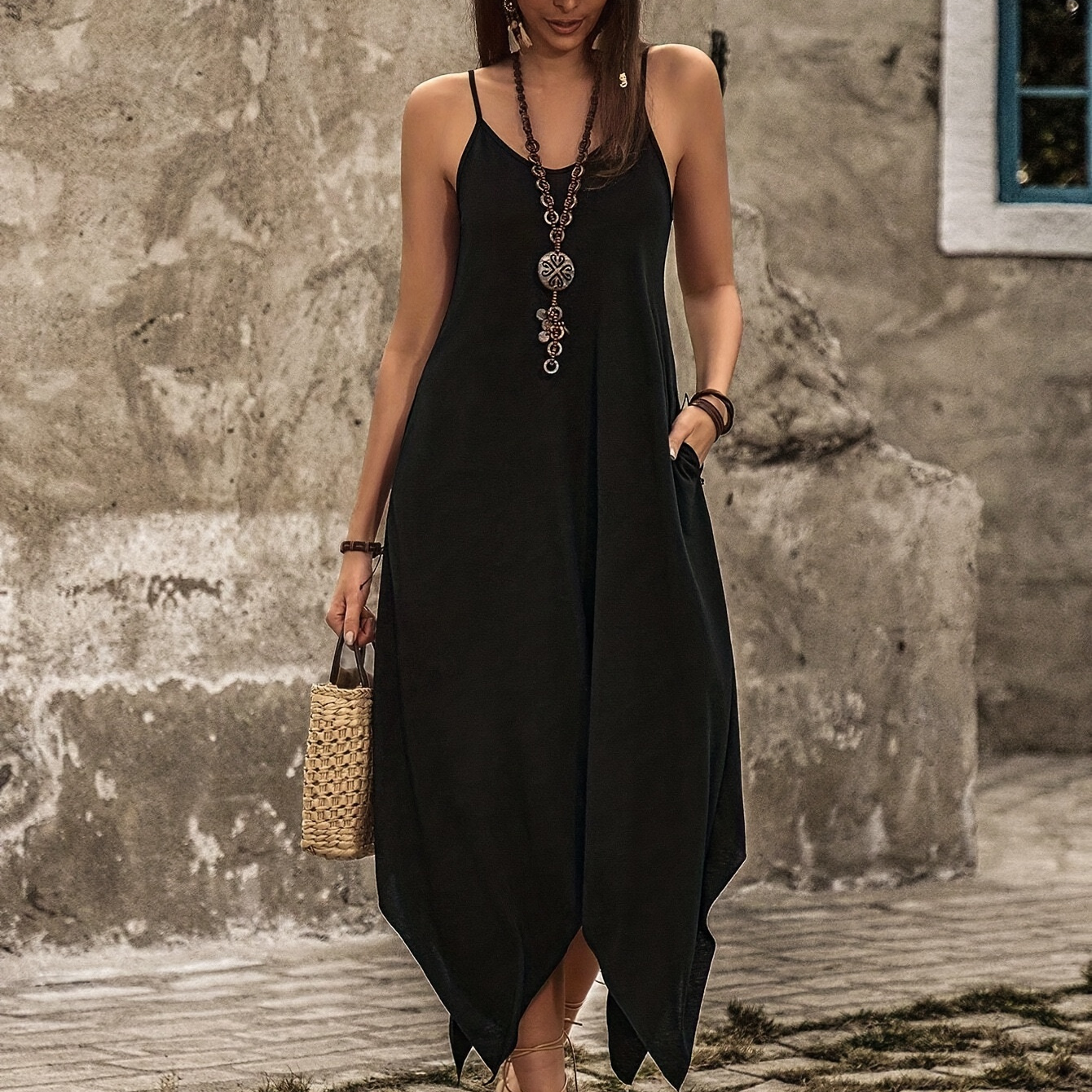 

Solid Color Asymmetrical Hem Cami Dress, Casual Sleeveless Dual Pockets Cami Dress For Spring & Summer, Women's Clothing