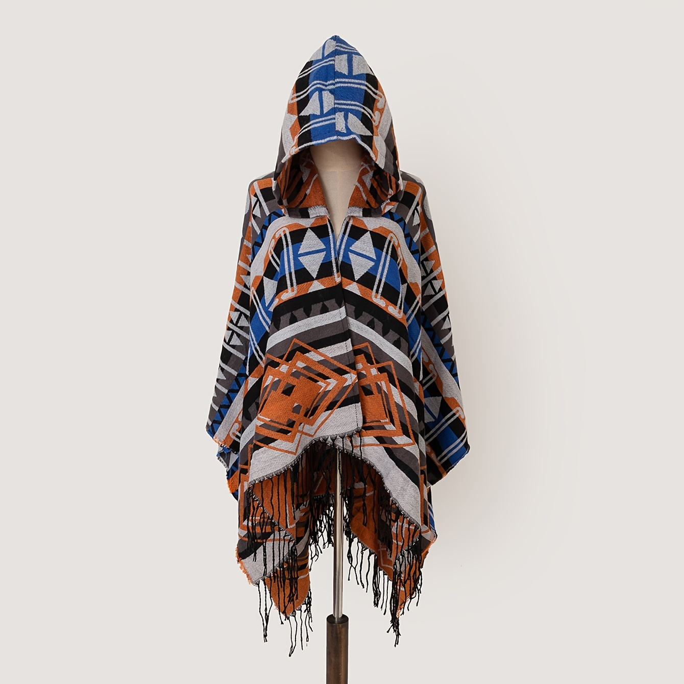 

Vintage Geometric Plaid Print Shawl Scarf, Large Blanket Wrap Dual-purpose Hooded Cloak Warm Coat For Women