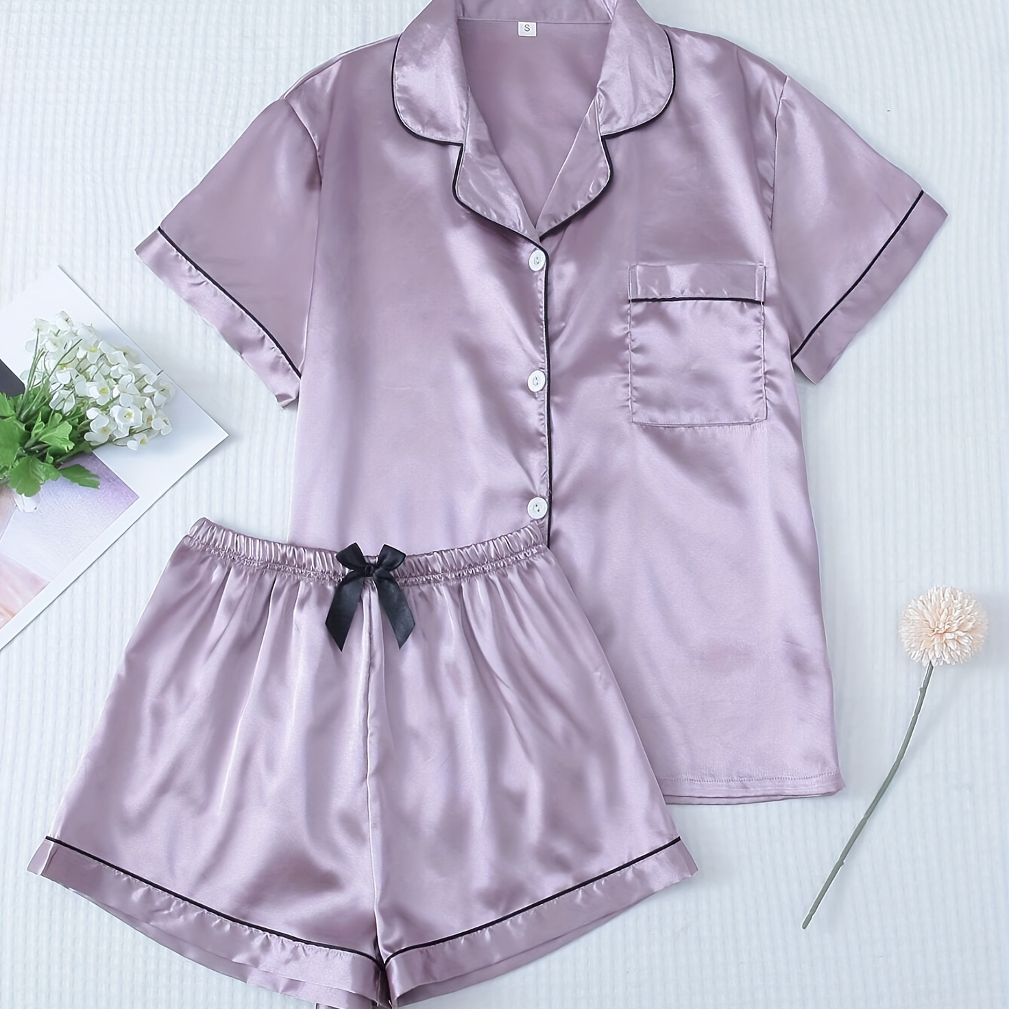 

Women's Solid Satin Casual Pajama Set, Short Sleeve Buttons Lapel Top & Shorts, Comfortable Relaxed Fit