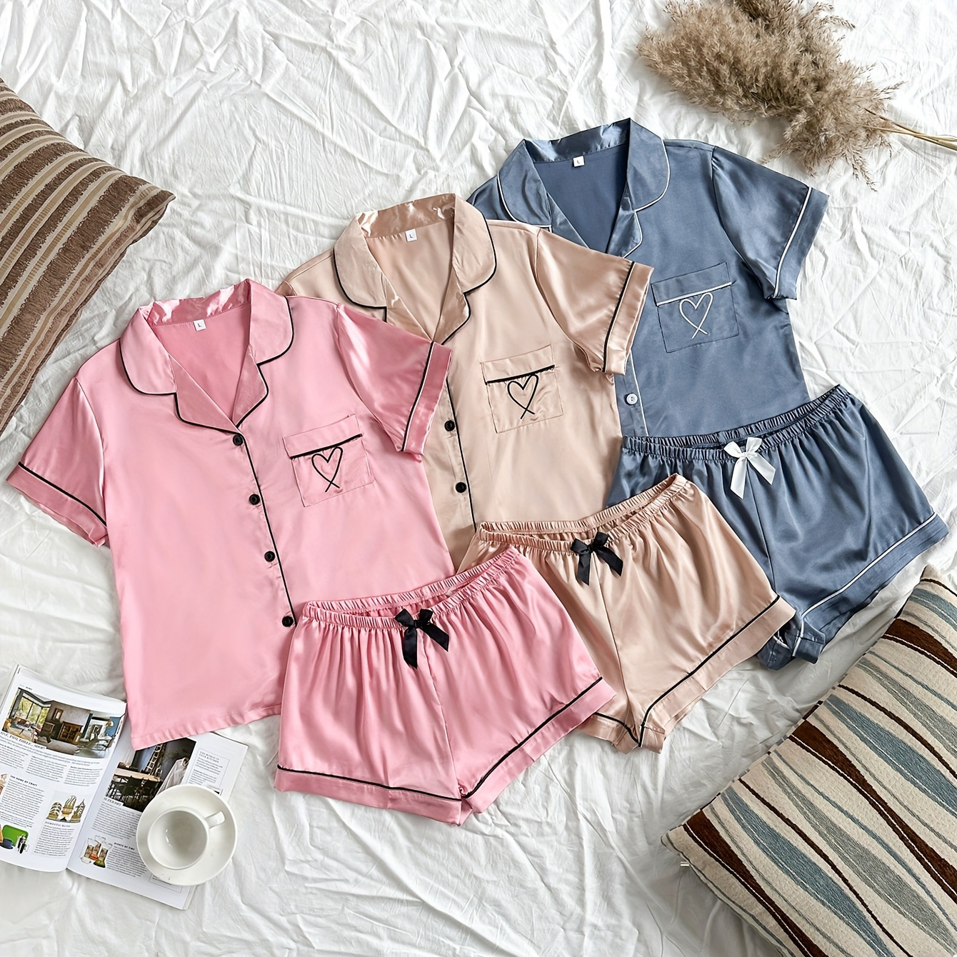 

3 Sets Heart Embroidery Satin Pajama Set, Casual Short Sleeve Buttons Lapel Top & Elastic Shorts, Women's Sleepwear