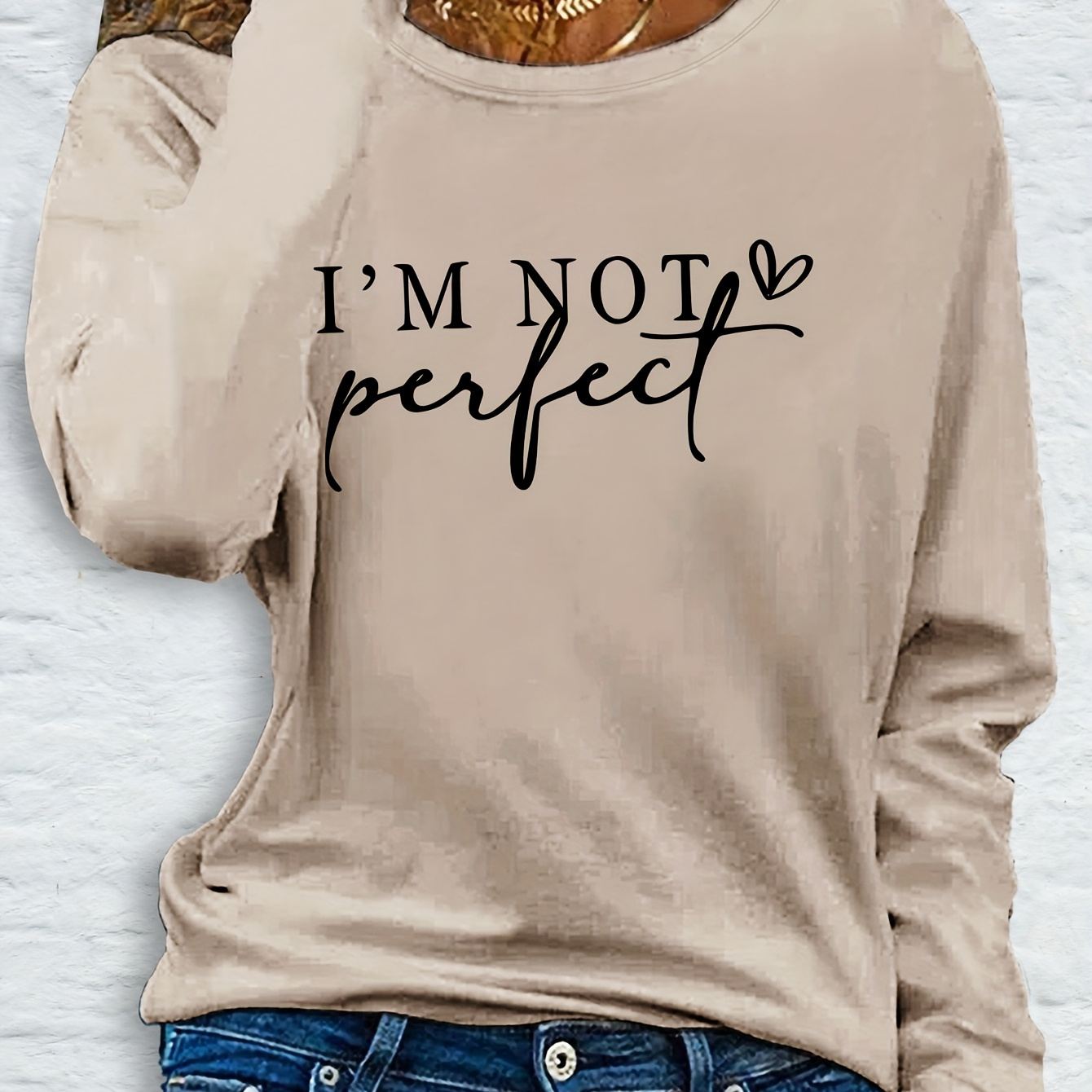 

[1pc " Perfect" Long Sleeve T-shirt] Women's Casual Crew Neck Long Sleeve T-shirt, Polyester Knit Fabric With Medium Stretch, Regular Fit, With " Perfect" Applique, For Fall Season Pullover