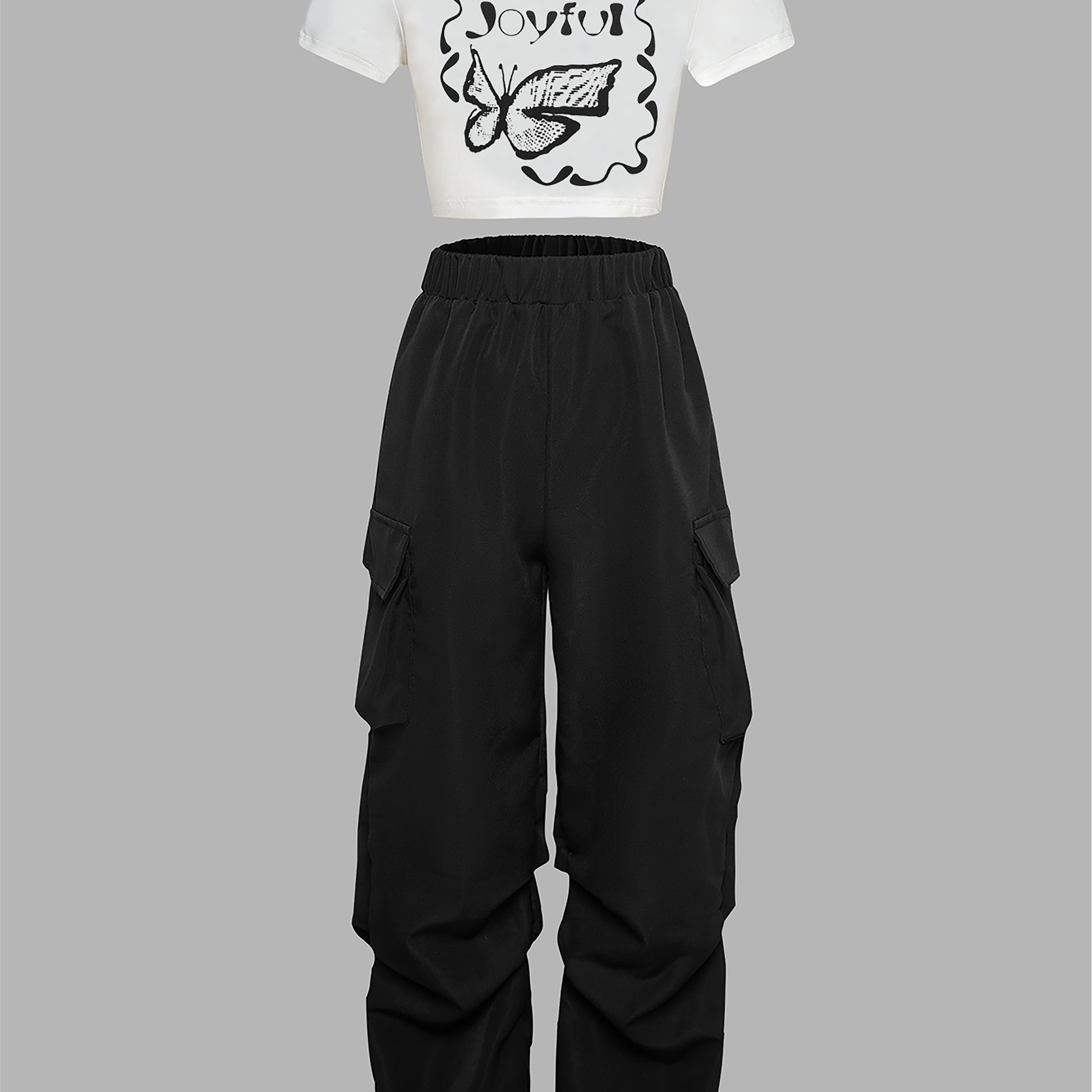 

2pcs Girl's Streetwear Butterfly Graphic Ribbed T-shirt & Cargo Trousers Set Summer Clothes, Street Everyday Girls Outfit