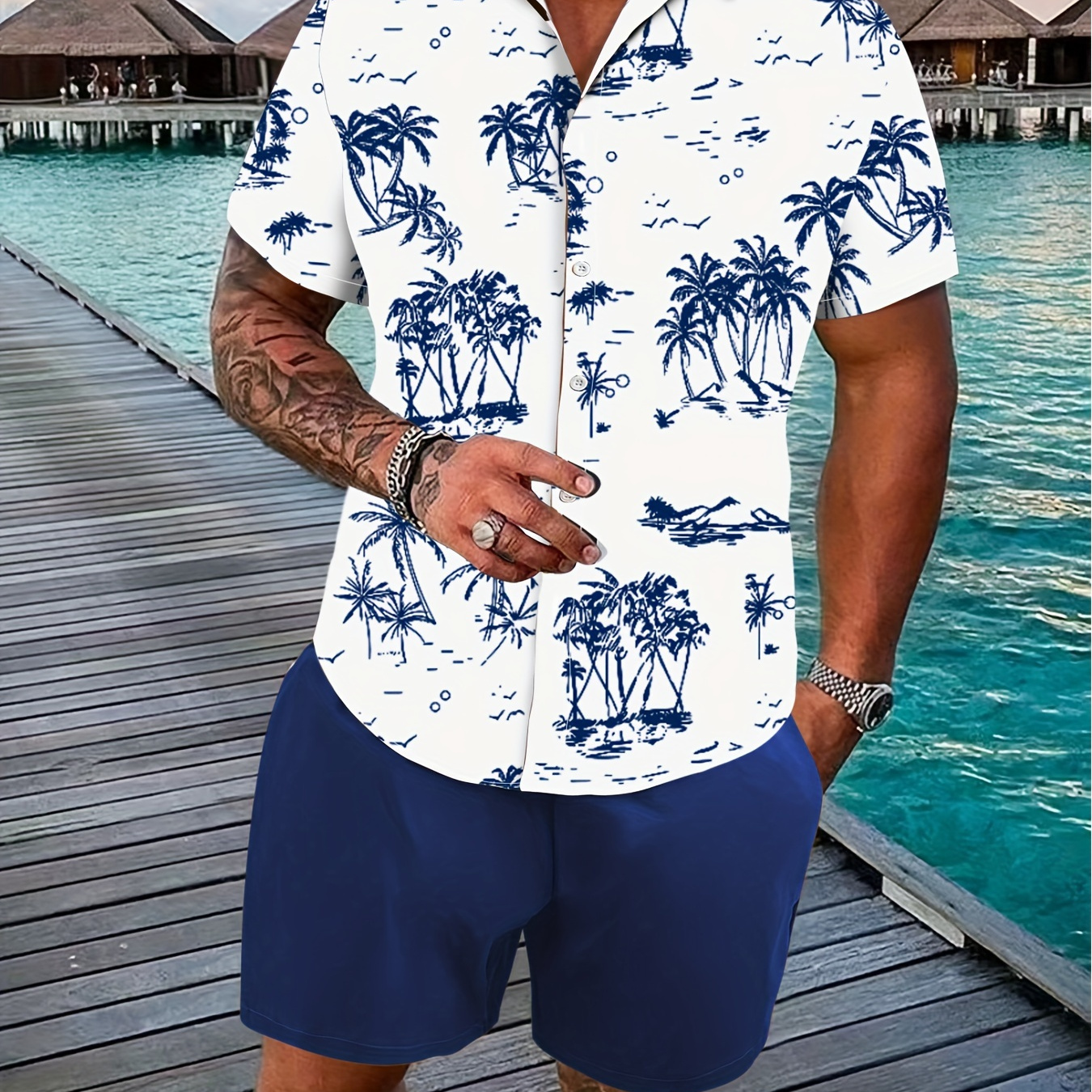 

Chemise à manches courtes style hawaïen pour homme, motif de cocotiers sur toute la surface, chemise décontractée à boutons pour l'été et les vacances