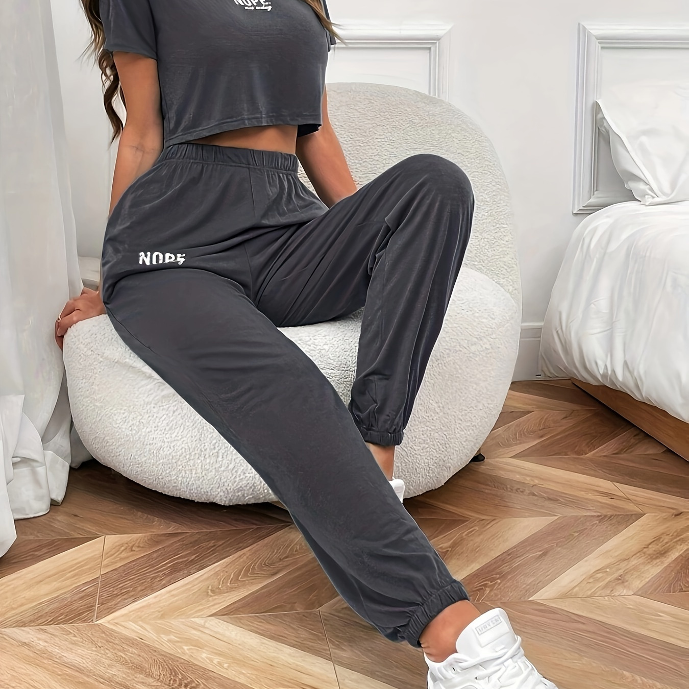 

Nope Not Today Print Casual Pants Set, Crew Neck Short Sleeve Crop Top & Elastic Waist Pants With Pocket Outfits For Spring & Summer, Women's Clothing
