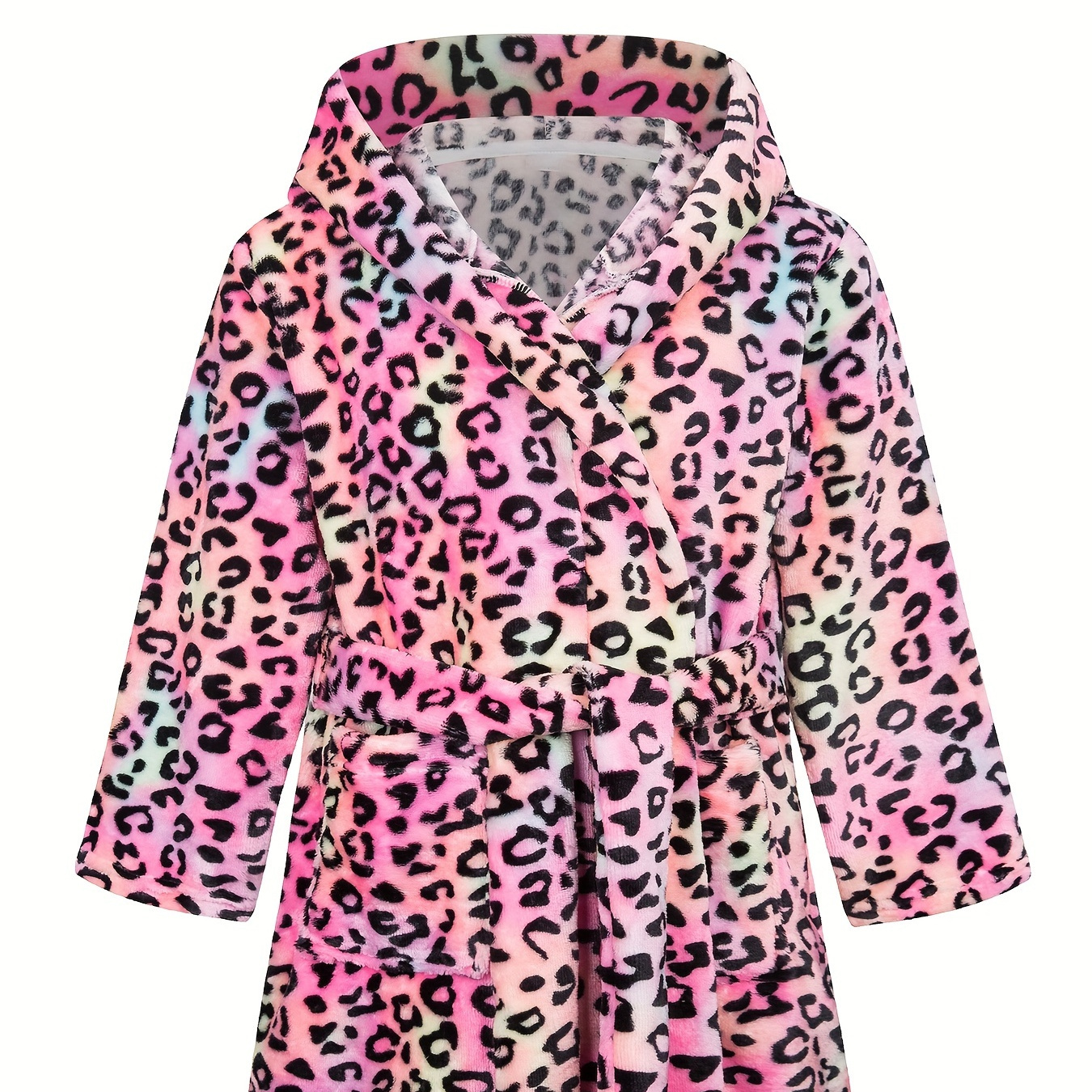 

Colorful Leopard Pattern Girl's Thickened Flannel Hooded Bathrobe - Warm & Comfy Sleep Robe With Belt For Daily Wearing