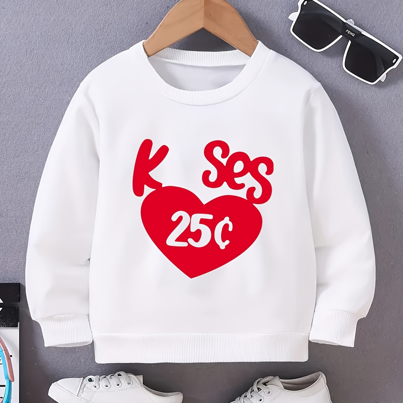 

Valentine's Day Kiss Letter Print Sweatshirt For Boys - Casual Creative Design With Stretch Fabric For Comfortable Autumn/winter Wear