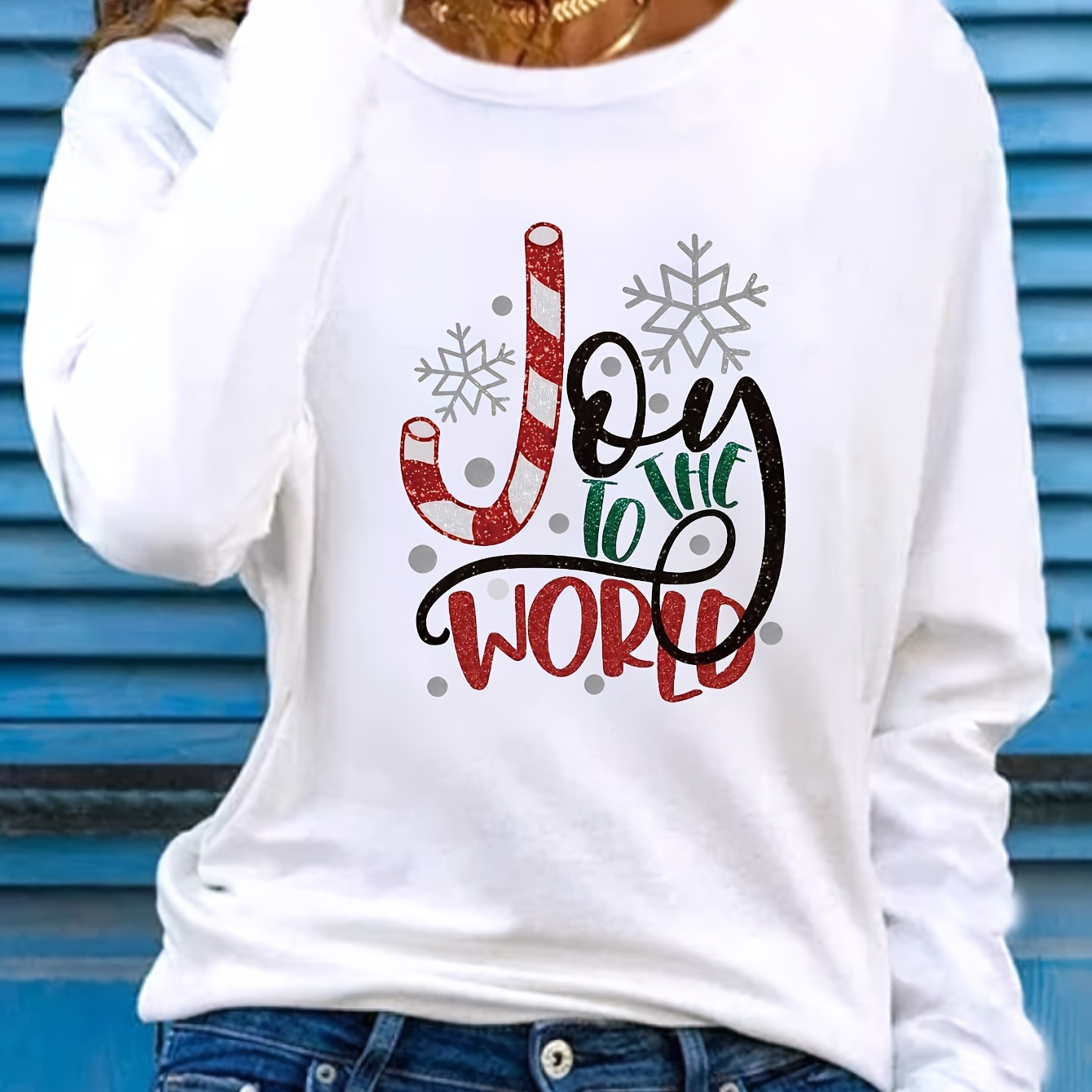 

Women's To The World Applique Long Sleeve T-shirt - Casual Crew Neck Polyester Knit Fabric Top For Fall