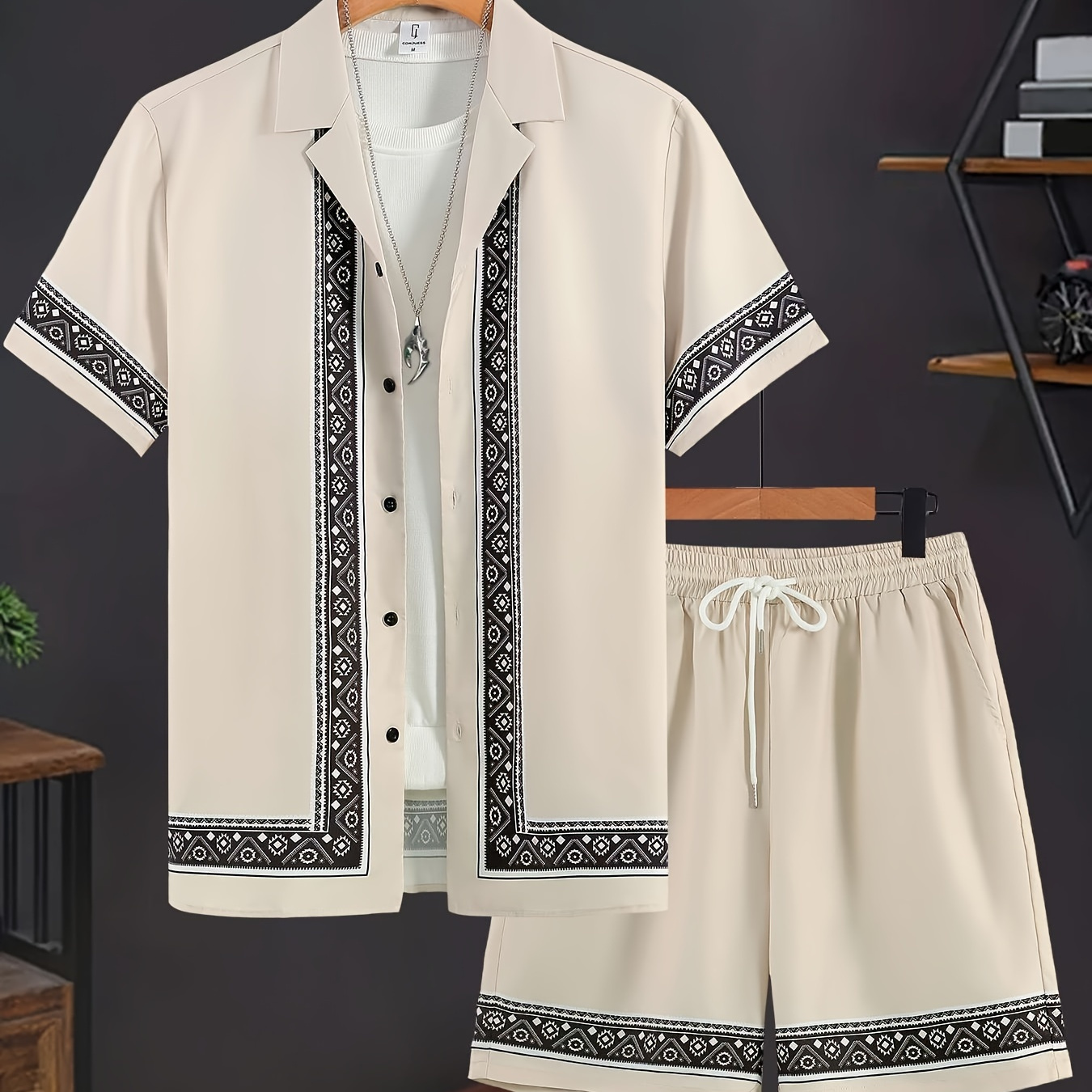

Men's 2-pack Co Ord Set Of Ethnic Style Geometric Print Casual Outfits, Short Sleeve Button Up Lapel Shirt & Drawstring Shorts, Summer Fashion For Casual And Daily Outerwear