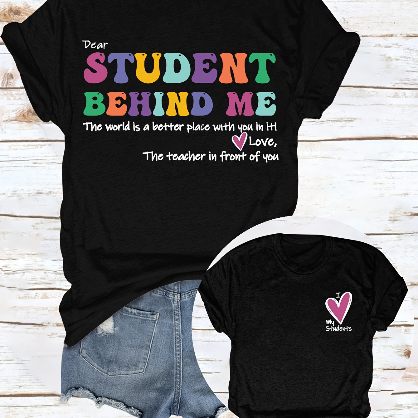 

Colorful Letter & Heart Print Crew Neck T-shirt, Casual Short Sleeve Pullover T-shirt For Every Day, Women's Clothing