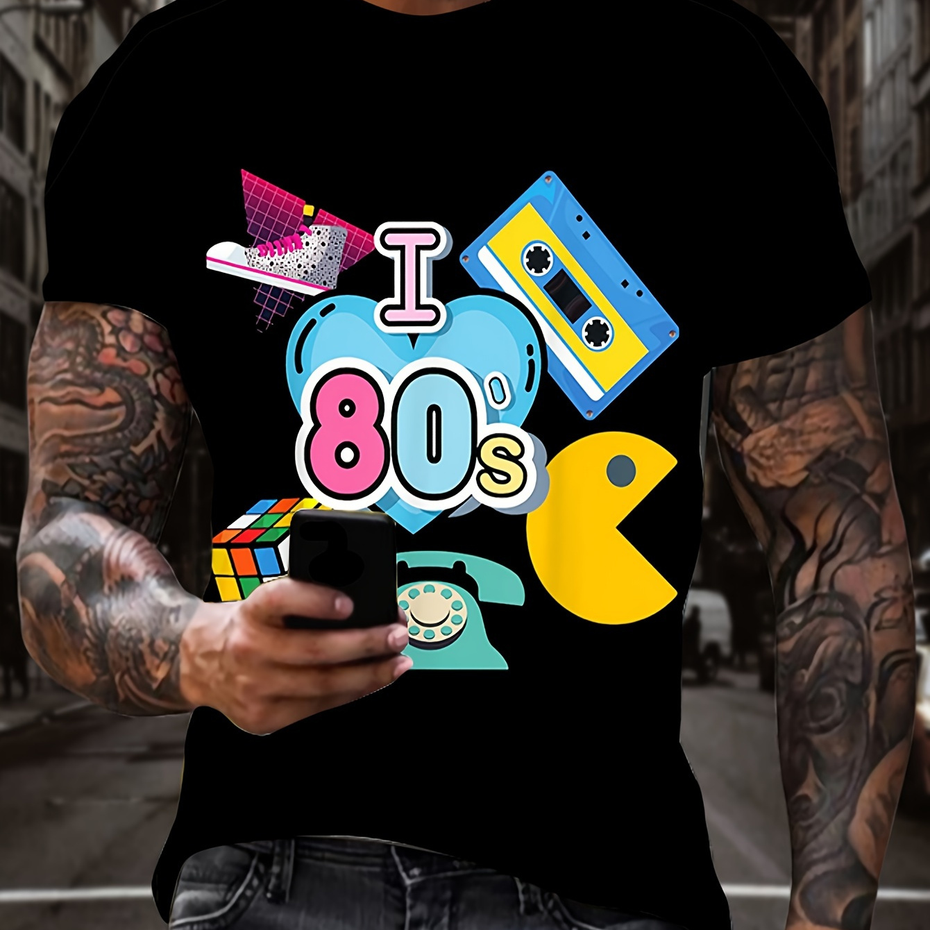 

Men's 80's Retro 3d Print T-shirt, Fashion Casual Hip-hop Streetwear, Polyester, Round Neck, Short Sleeve, Regular Fit, Summer, Youth, Knitted Fabric, 160gsm