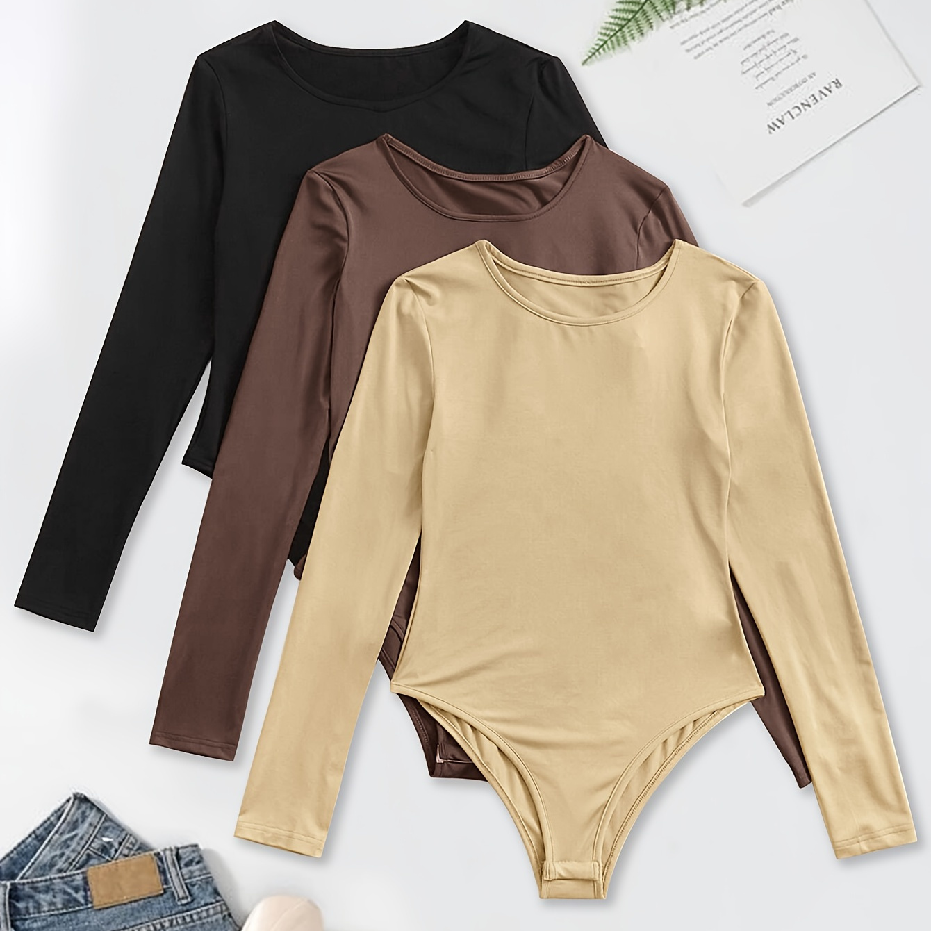 Solid Simple Bodysuit Casual Crew Neck Long Sleeve Bodysuit - Temu