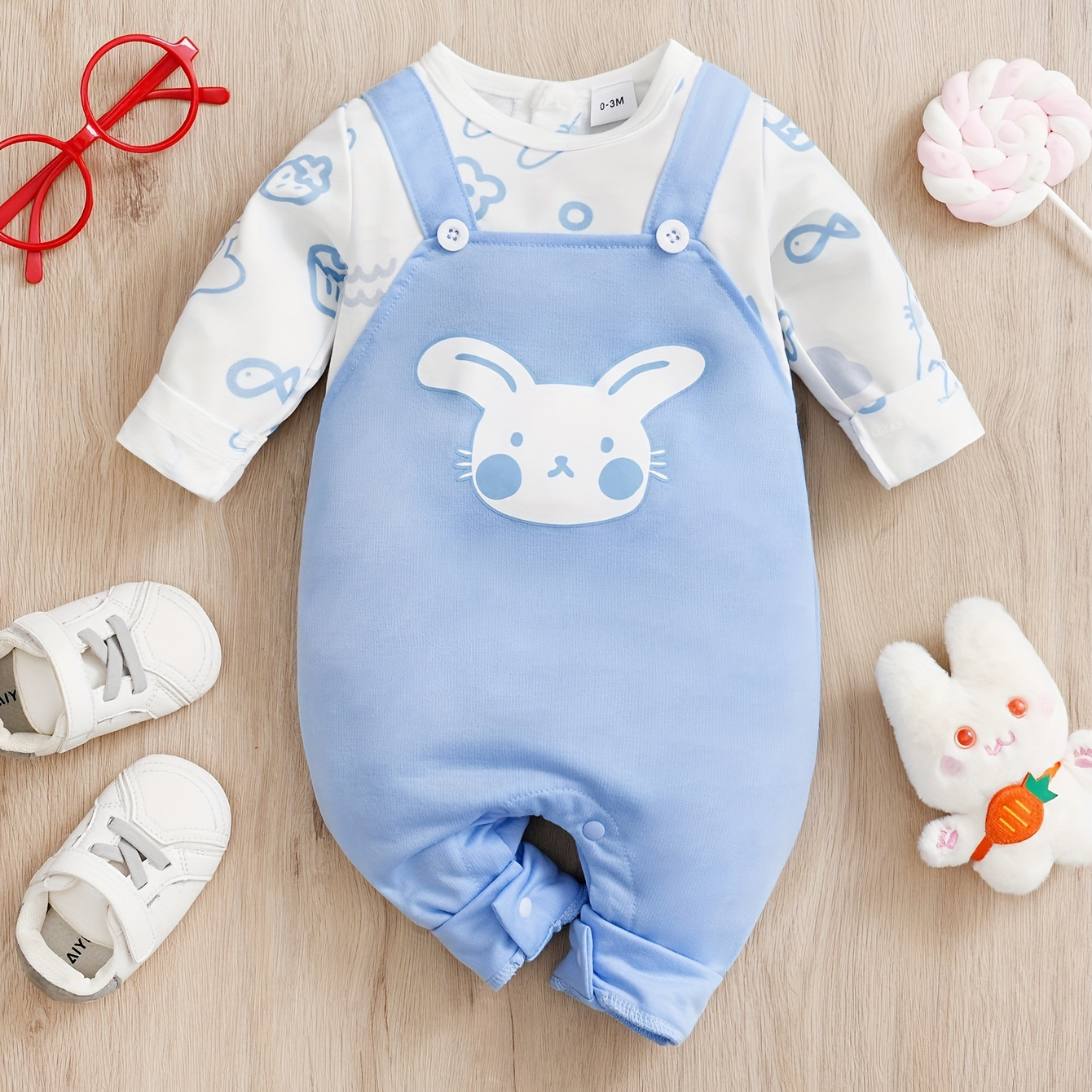 

Toddler's Adorable Bunny Graffiti Allover Print Spring And Autumn Long-sleeved Jumpsuit