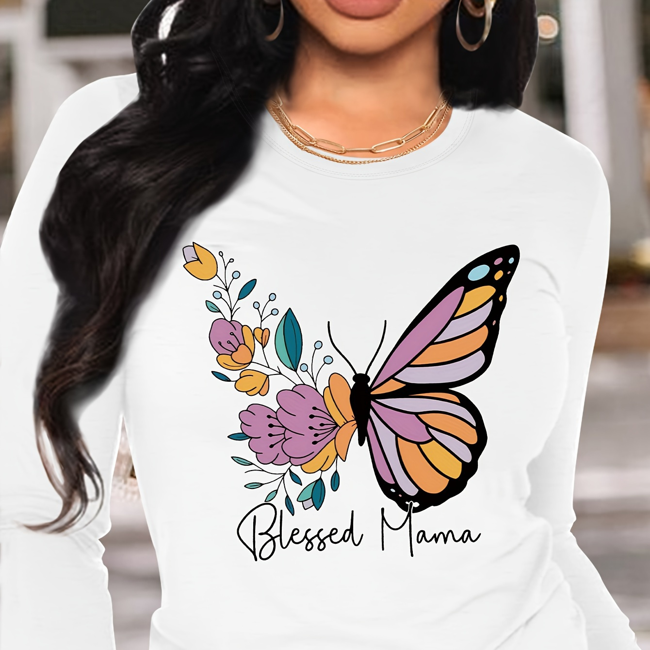 

Butterfly Print T-shirt, Long Sleeve Crew Neck Casual Top For Spring & Fall, Women's Clothing