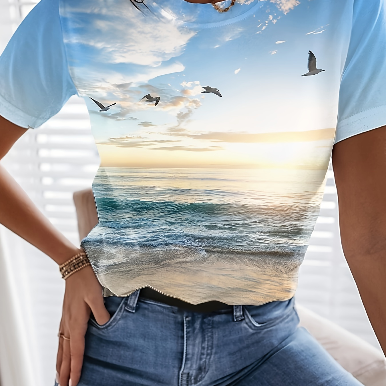 Sky & Sea Print T-Shirt, Casual Crew Neck Short Sleeve Top For Spring &  Summer, Women's Clothing