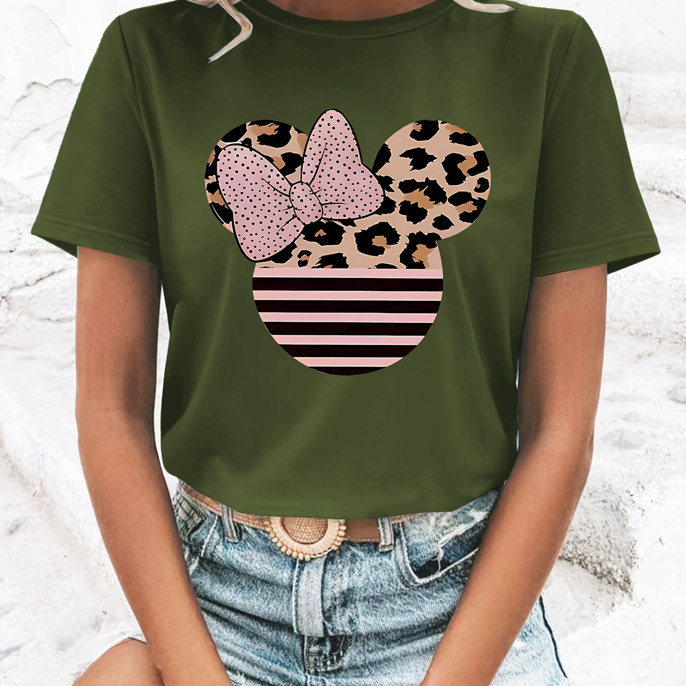 

Bow & Mouse Print Casual T-shirt, Round Neck Short Sleeves Stretchy Sports Tee, Women's Comfy Tops Graphic