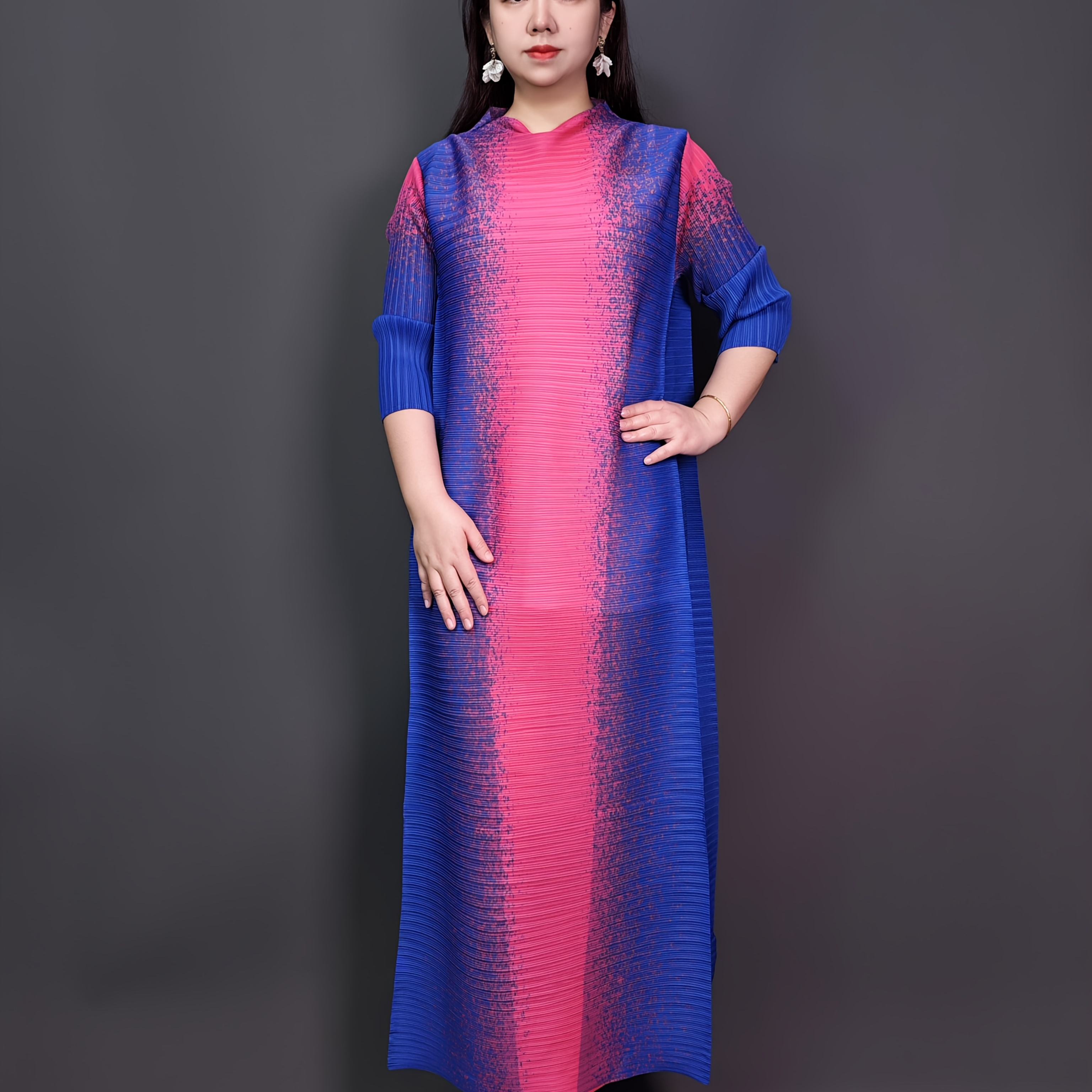 

Plus Size Jersey Dress With Gradual Color Ombre Effect, High Neckline, Polyester Fabric, Casual Spring/summer/autumn Wear