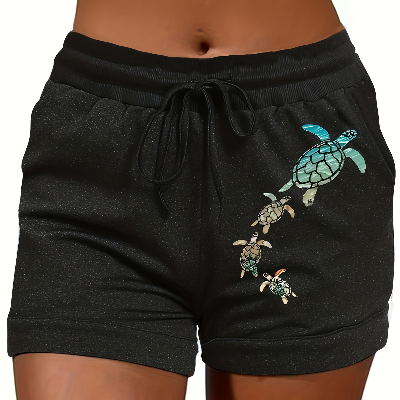 

Turtle Print Drawstring Shorts, Casual Elastic Waist Shorts For Spring & Summer, Women's Clothing