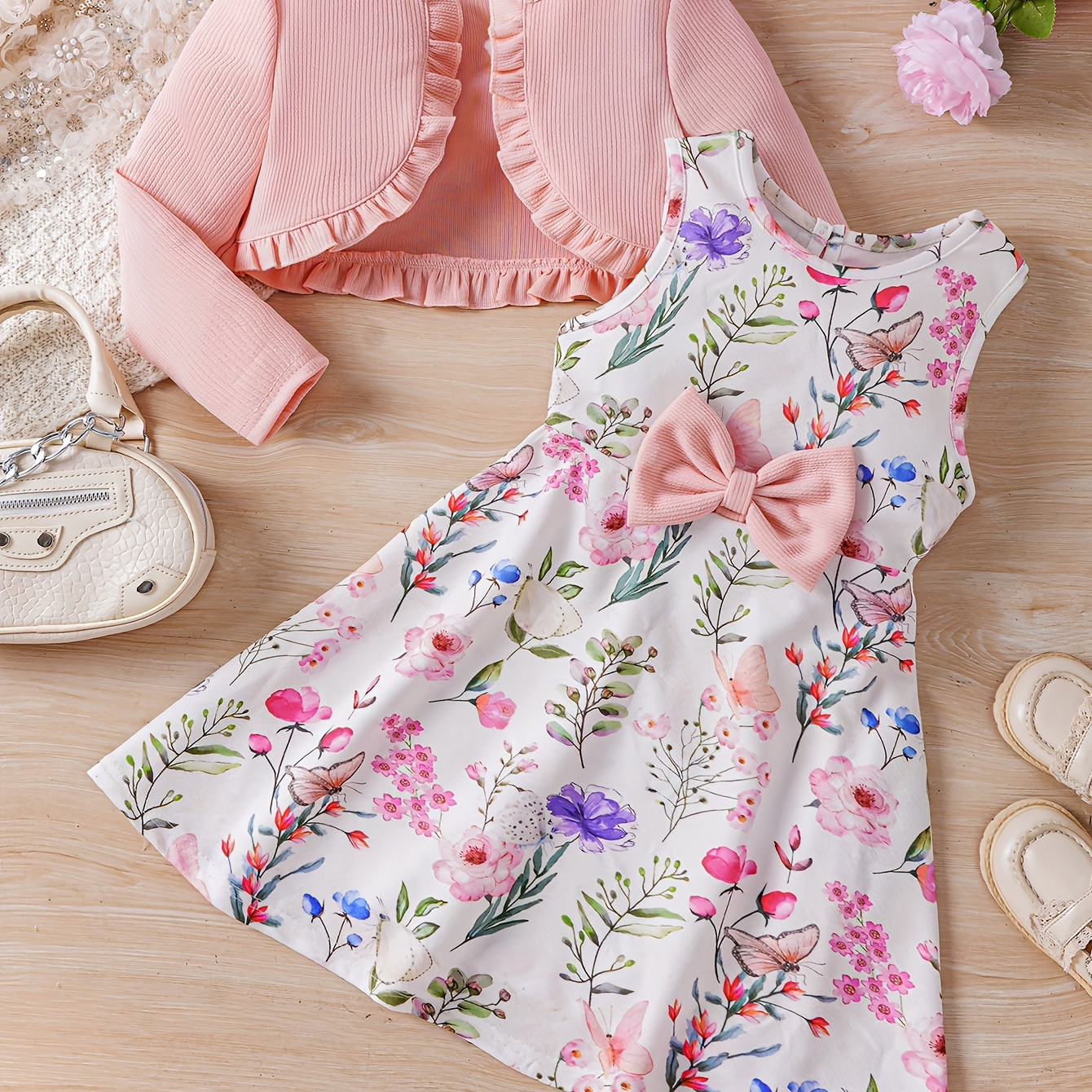 TEMU Sweet Girls 2pcs Solid Frill Trim Long Sleeve Outerwear + Flower Graphic Sleeveless Dress Set For Summer Party Gift