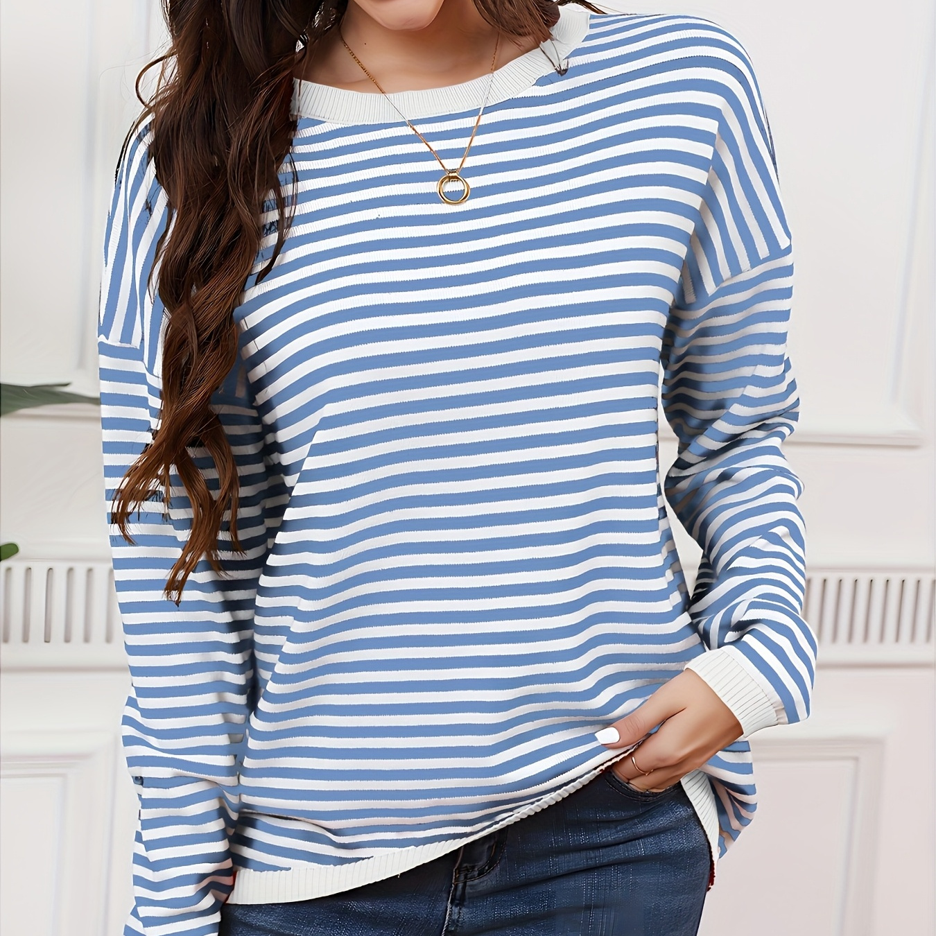 

1pc Elegant Viscose Knit Sweater For Women, Casual Crew Neck Striped Pullover With Detail, Long Sleeve Loose For All