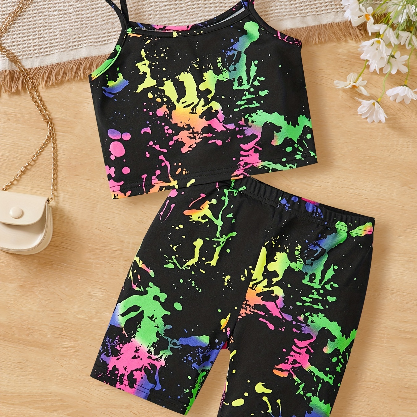 

Girls Off Shoulder Camisoles & Elastic Waist Shorts 2pcs Set Splash Ink Print Casual Trendy Cute Summer Kids Clothes