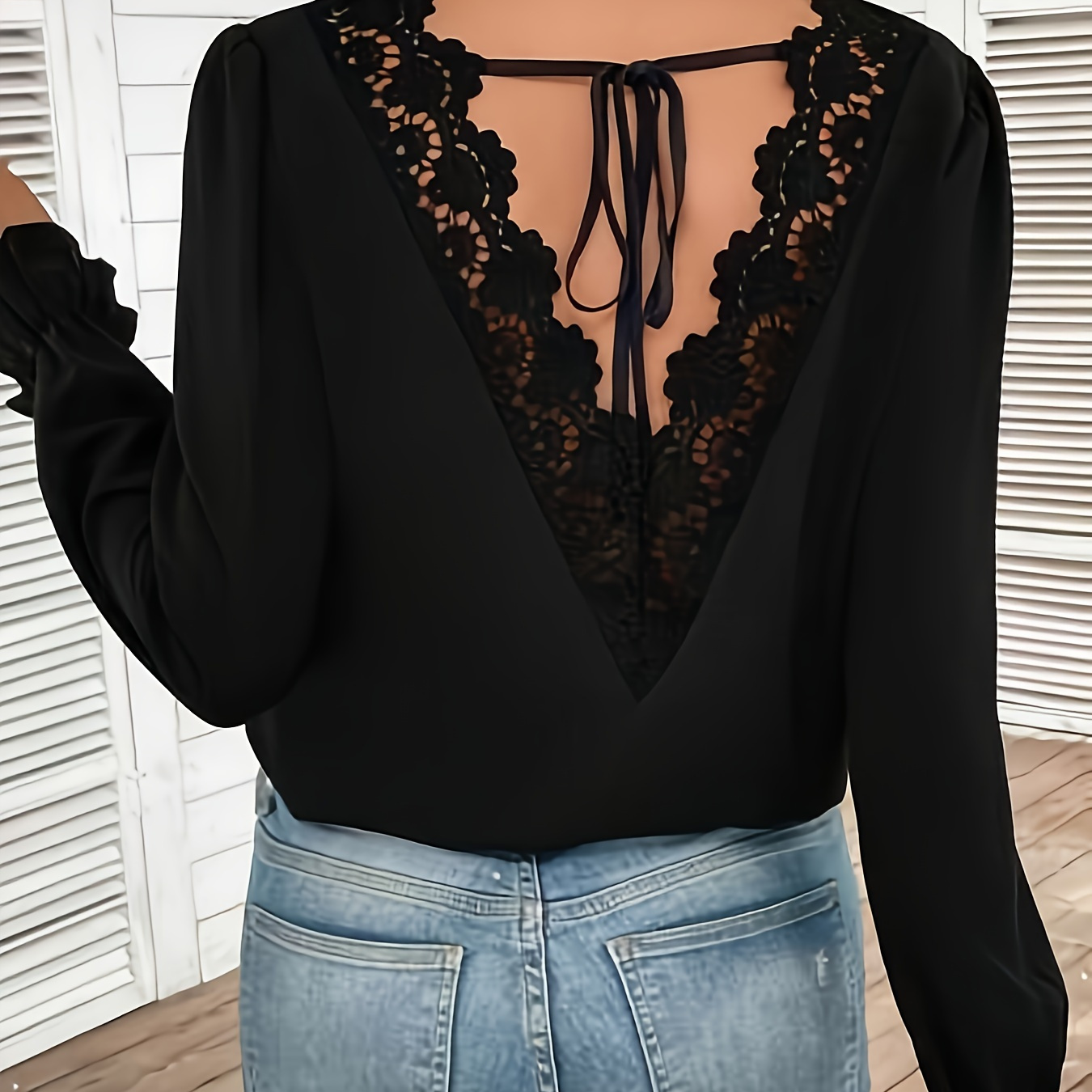 

Contrast Lace Backless Blouse, Elegant V Neck Long Sleeve Top For Spring & Fall, Women's Clothing