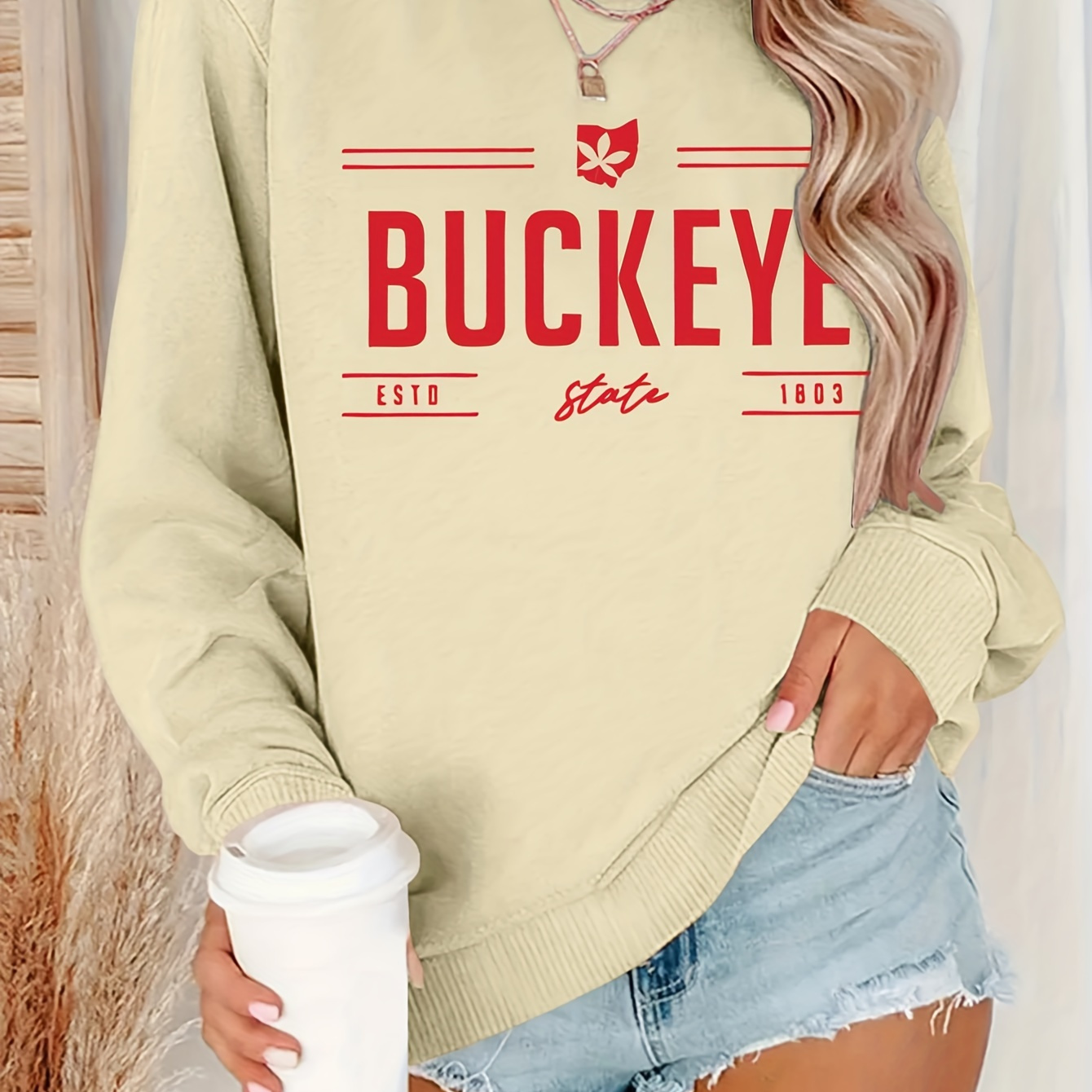 

Women's Ohio Sweatshirt, Crew Neck Casual Pullover, Polyester, Solid Color, Winter & Fall Fashion, Knit Fabric, No Detail, Ladies Fashion Hoodie & Sweatshirt