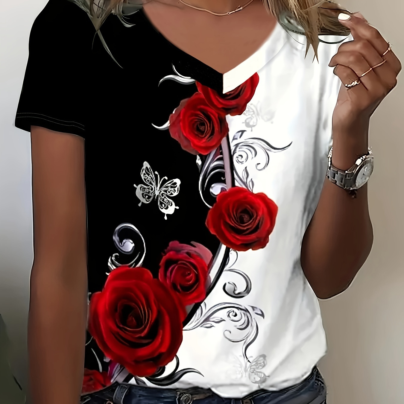 

Roses Print V Neck T-shirt, Elegant Color Block Short Sleeve T-shirt For Summer, Women's Clothing