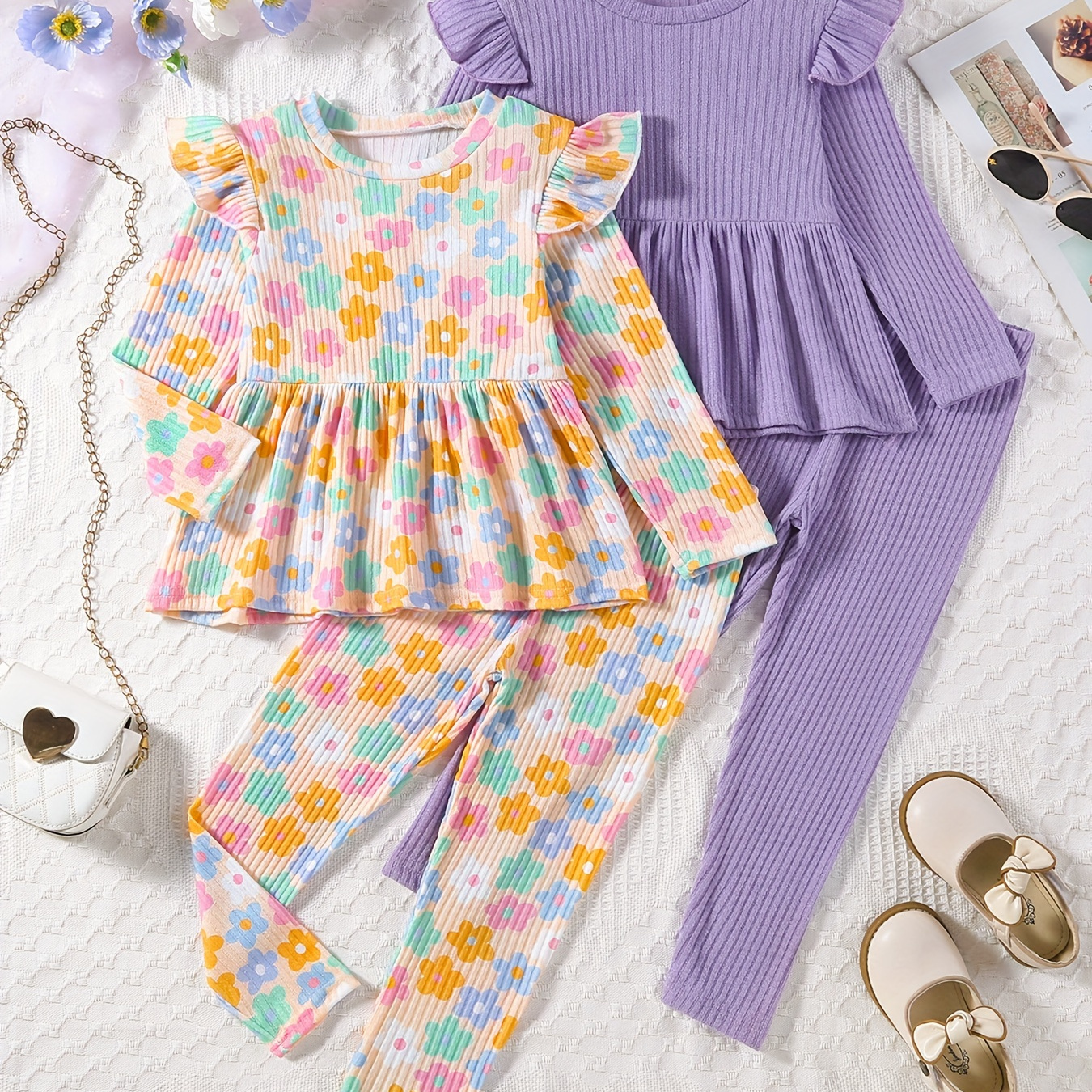 

(floral + Solid) 2 Sets Girls Long Sleeve Peplum Tee + Casual Pants Co-ords Set - Cute Fashion Girl'/ Fall Clothes, Gift