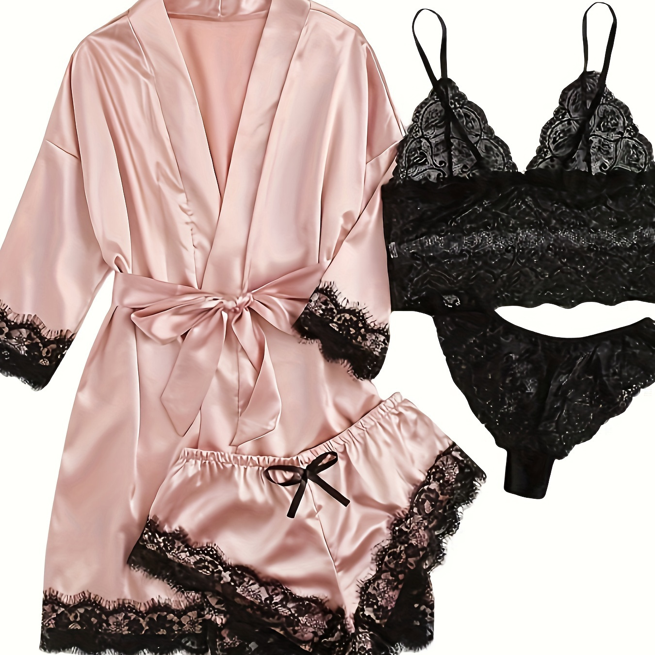 

Women's 4-piece Sleepwear Set, 3 Quarter Sleeve Robe & V Neck Cami Top & Panty & Mini Shorts