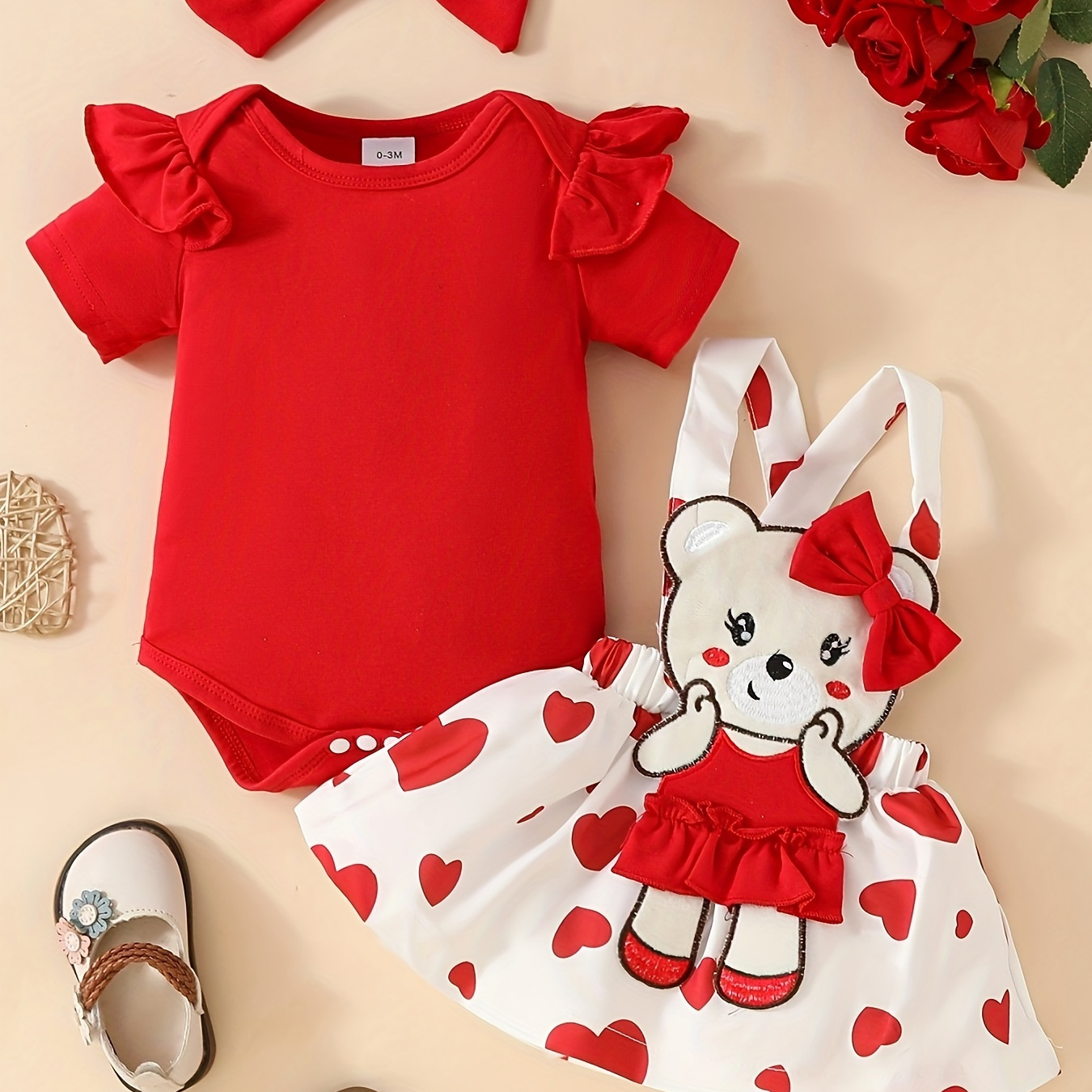 

Baby's Cute Bear Patchwork 2pcs Lovely Summer Outfit, Bodysuit & Suspender Overall Dress Set, Toddler & Infant Girl's Clothes For Daily/holiday/party