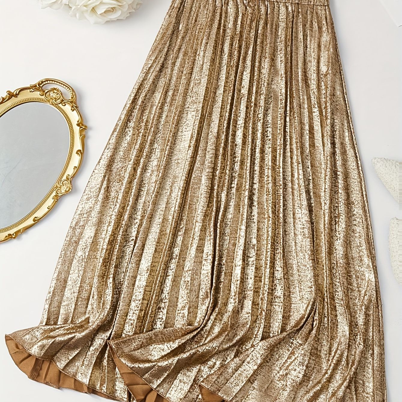 

1pc Elegant Metallic Golden Pleated Skirt For Women, Polyester Woven Solid Color, For Spring/summer/fall