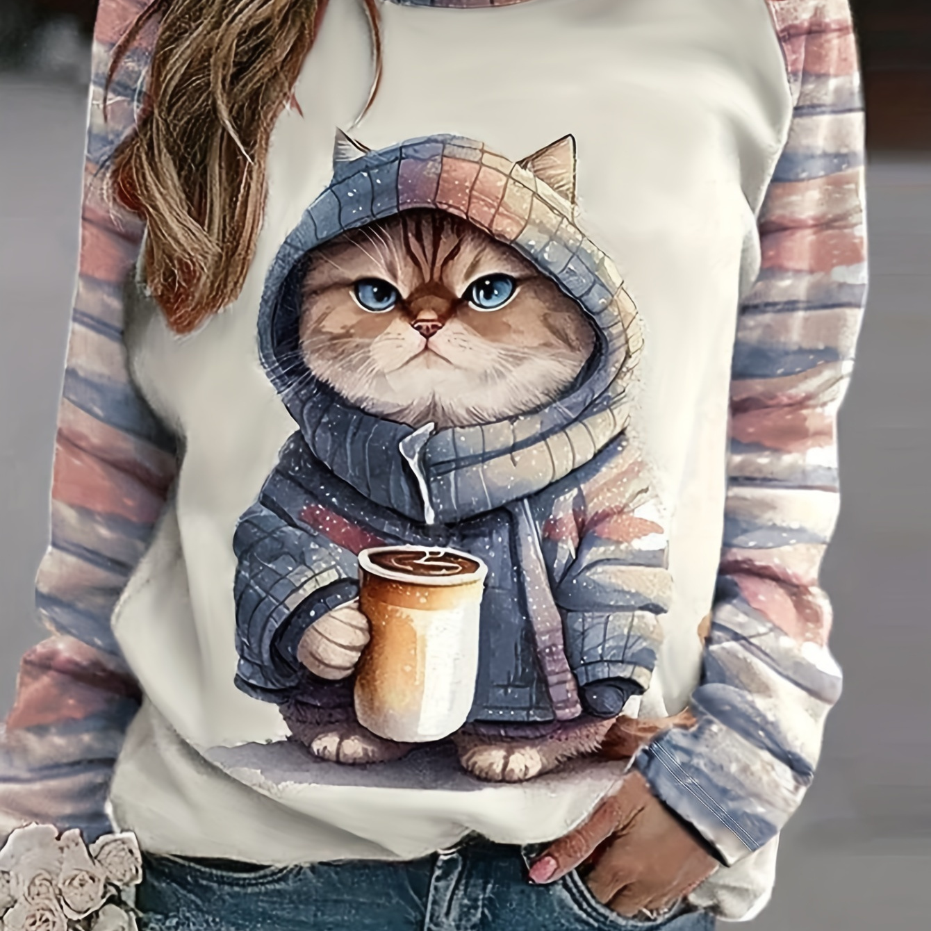 

Cute Cat Pattern T-shirt, Casual Crew Neck Long Sleeve Every Day T-shirt, Women's Clothing