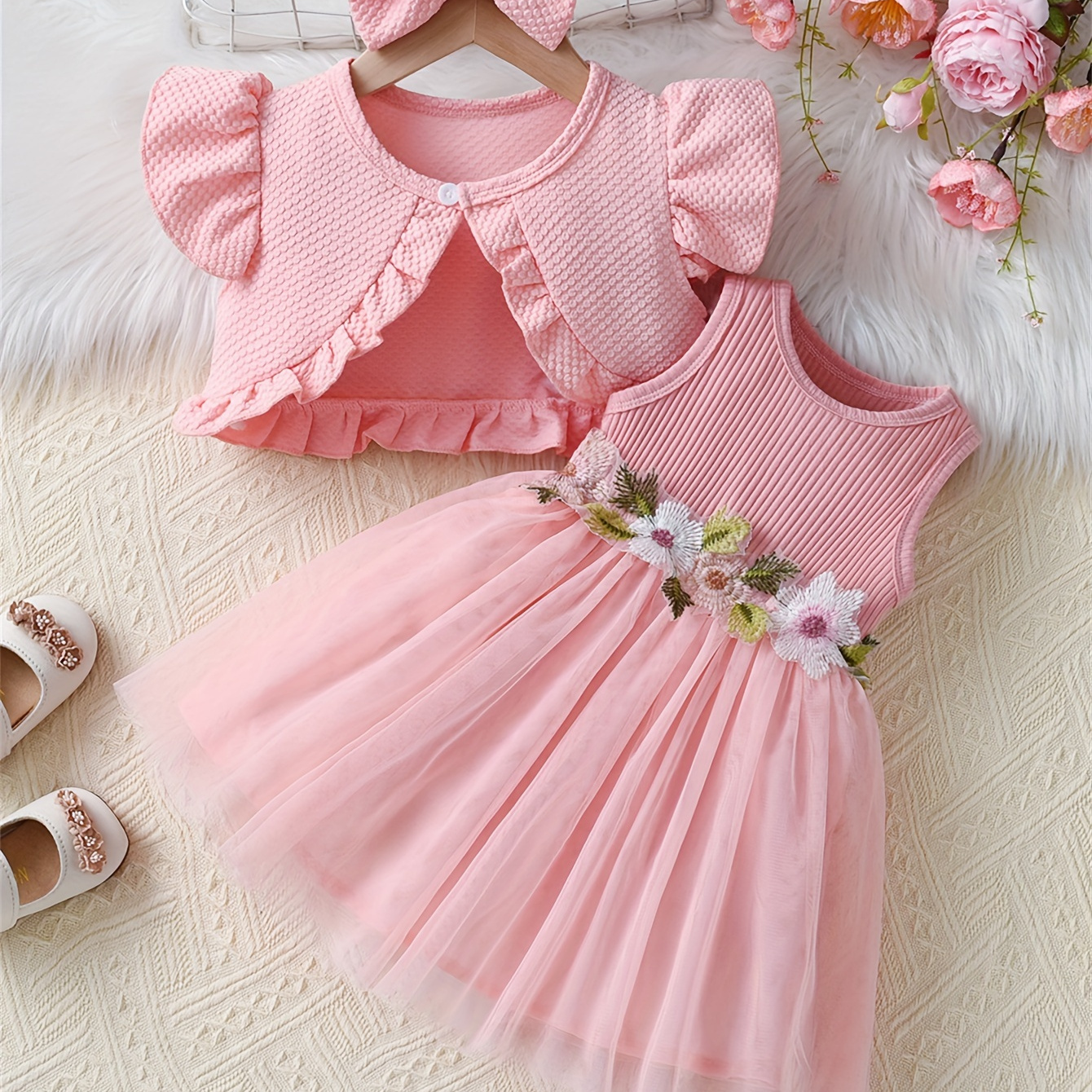 

Baby's Elegant Flower Embroidered 2pcs Summer Outfit, Cardigan & Mesh Splicing Sleeveless Dress Set, Toddler & Infant Girl's Clothes For Daily/holiday, As Gift