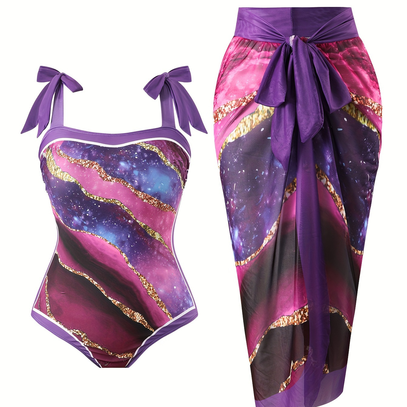 

Women's Plus Size Fashion One-piece Swimsuit With Beach Skirt, Conservative Style, Galaxy Print With Golden Accents, Swimwear With Shoulder Ties