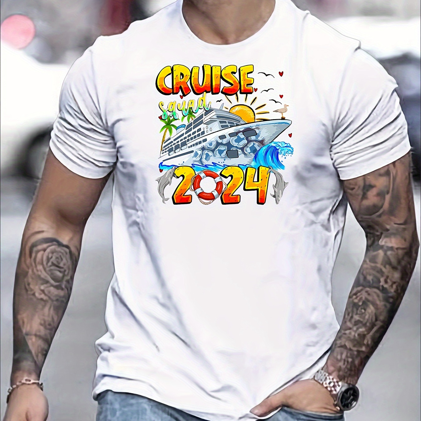 

Cruise 2024 Pattern Print Tee Shirt, Tees For Men, Casual Short Sleeve T-shirt For Summer