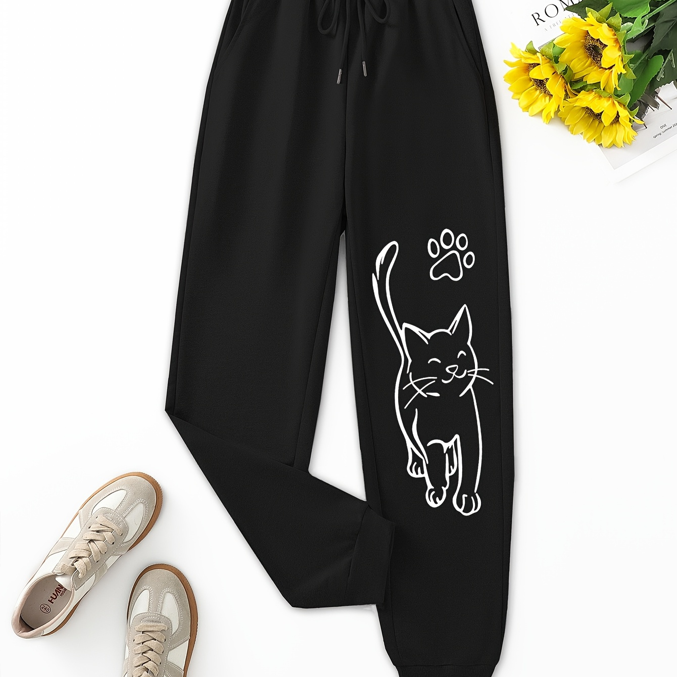 

Adult Unisex-adult Cat Print Solid Color Sweatpants, Vintage Drawstring Loose Sports Jogger Pants, Animal Pattern Knit Fabric, Spring/fall, Polyester, -free