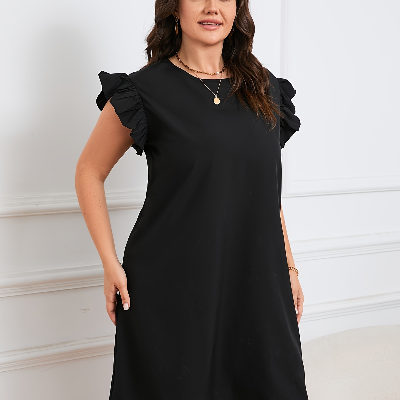 

Plus Size Solid Simple Loose Dress, Flutter Sleeve Casual Dress For Spring & Summer, Women's Plus Size Clothing