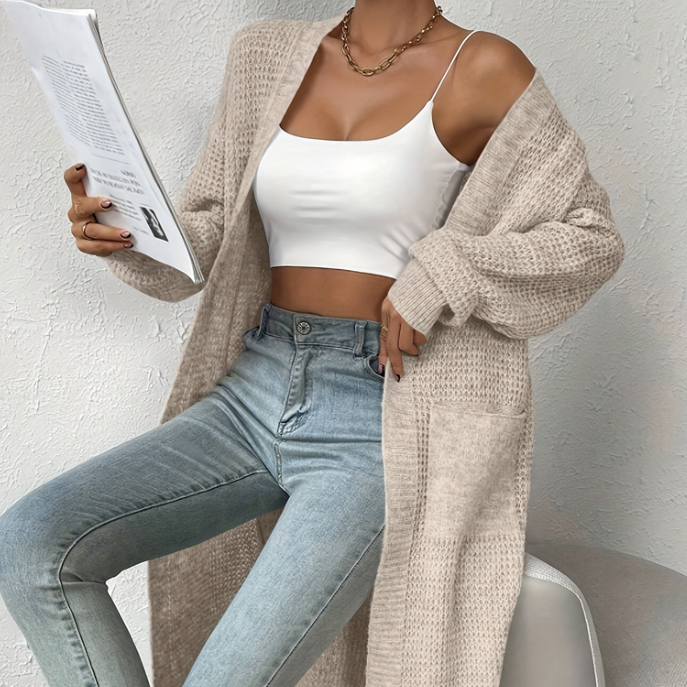 

Solid Color Open Front Knitted Cardigan, Casual Long Sleeve Cardigan For Spring & Fall, Women's Clothing