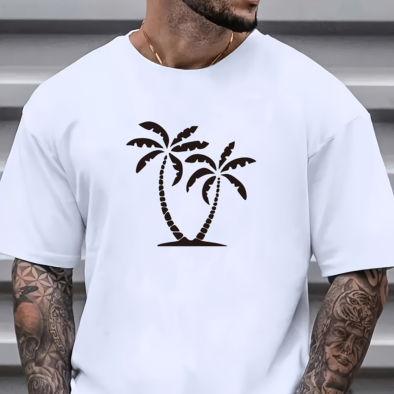 

T-shirt décontracté à imprimé de palmiers pour hommes, t-shirt confortable à col rond en coton, hauts tendance à manches courtes pour hommes pour la rue en plein air