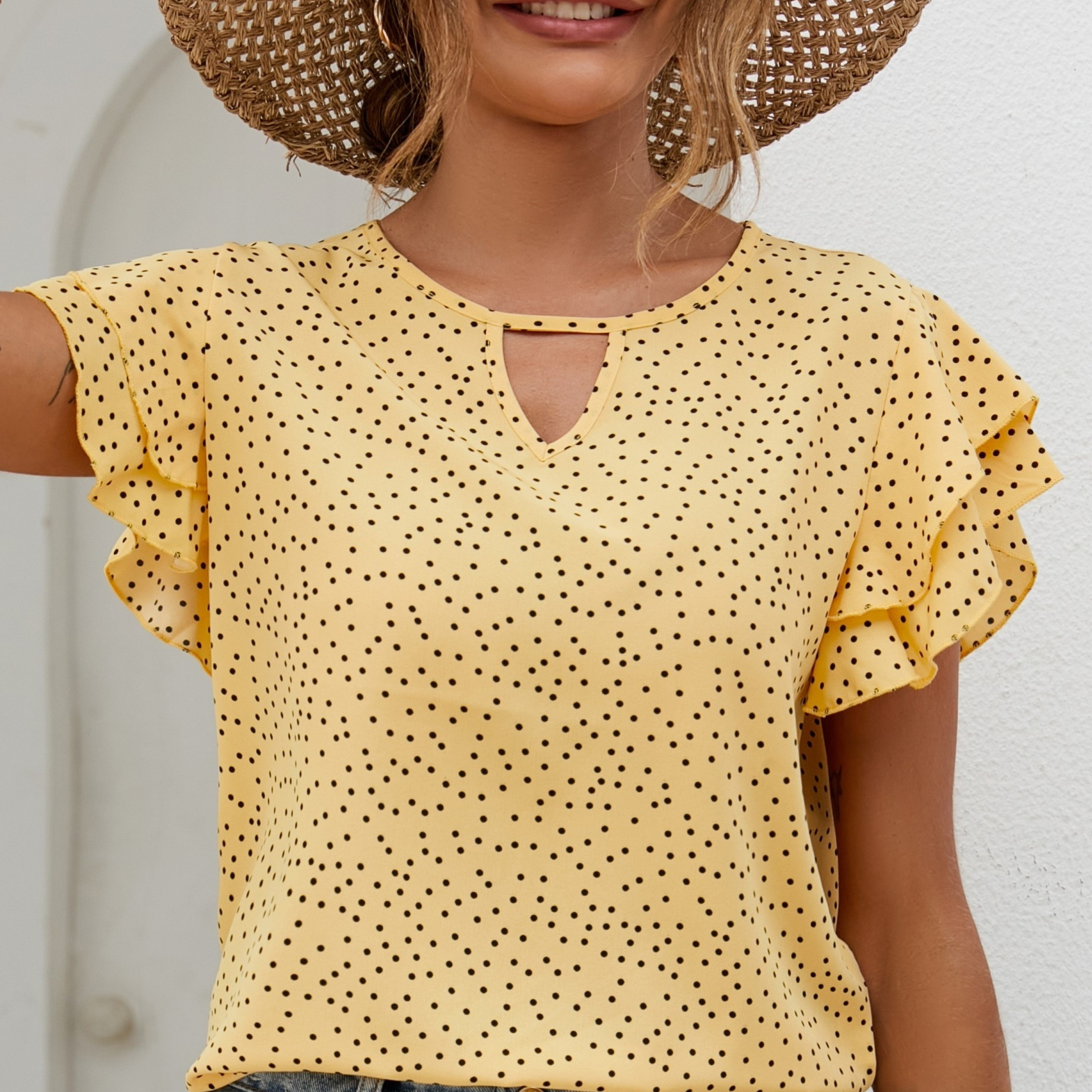 

Polka Dot Ruffle Layered Hem Blouse, Casual Crew Neck Blouse For Spring & Summer, Women's Clothing