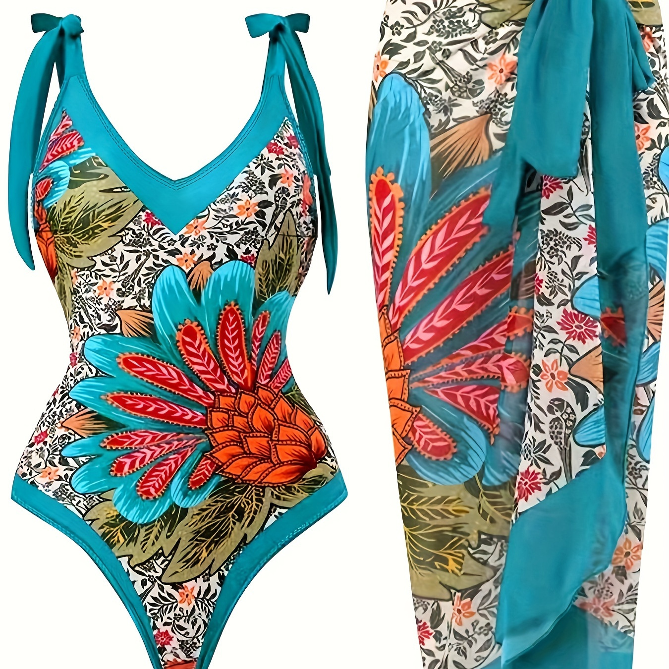 

Women's Boho Style One-piece Swimsuit With Cover Up, Plus Size Bow Tie Shoulder Straps V Neck Beach One-piece Bathing-suit & Cover Up Skirt 2 Piece Set